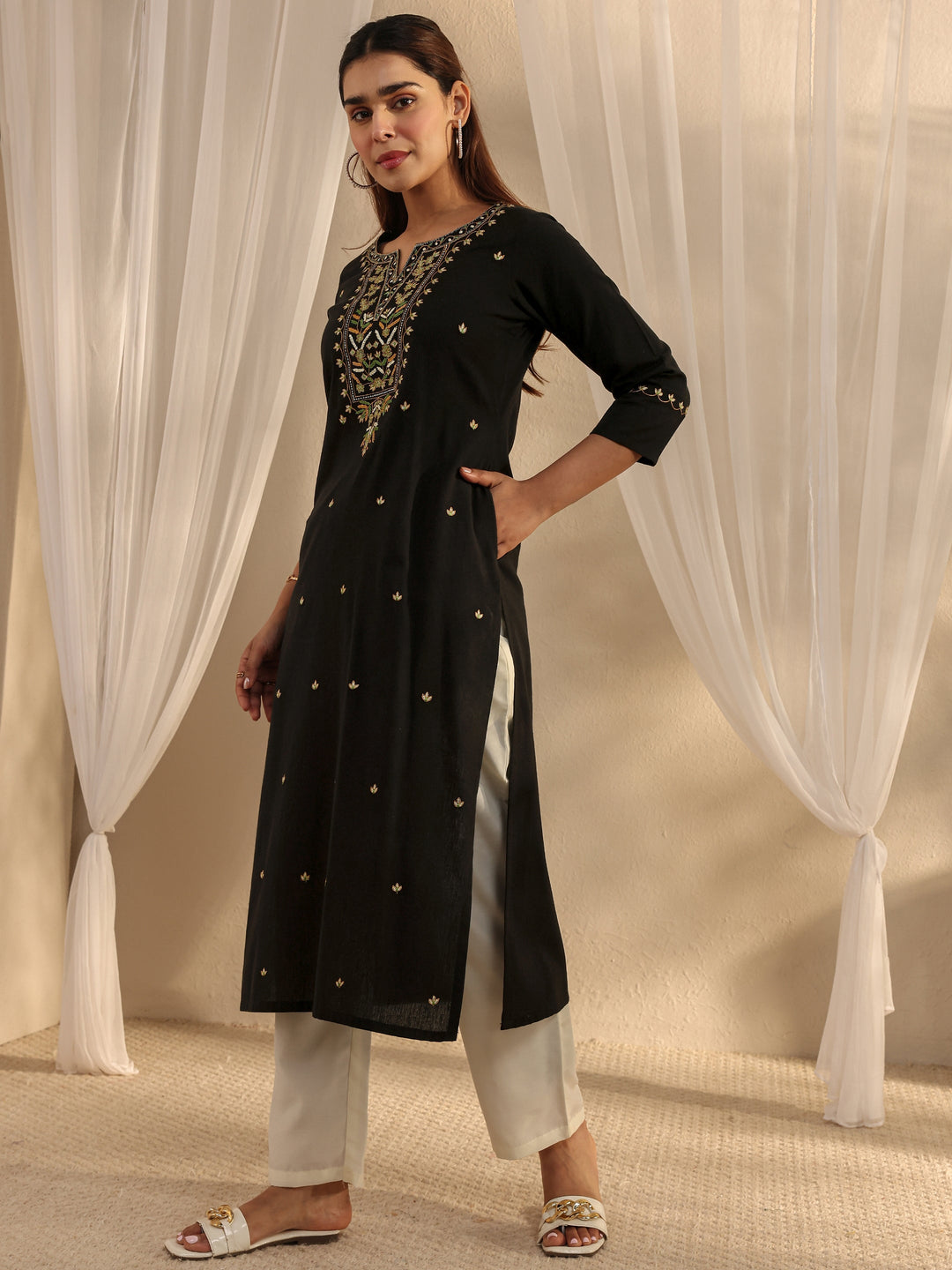 Black Ethnic Motif Embroidered Cotton Straight Kurta 