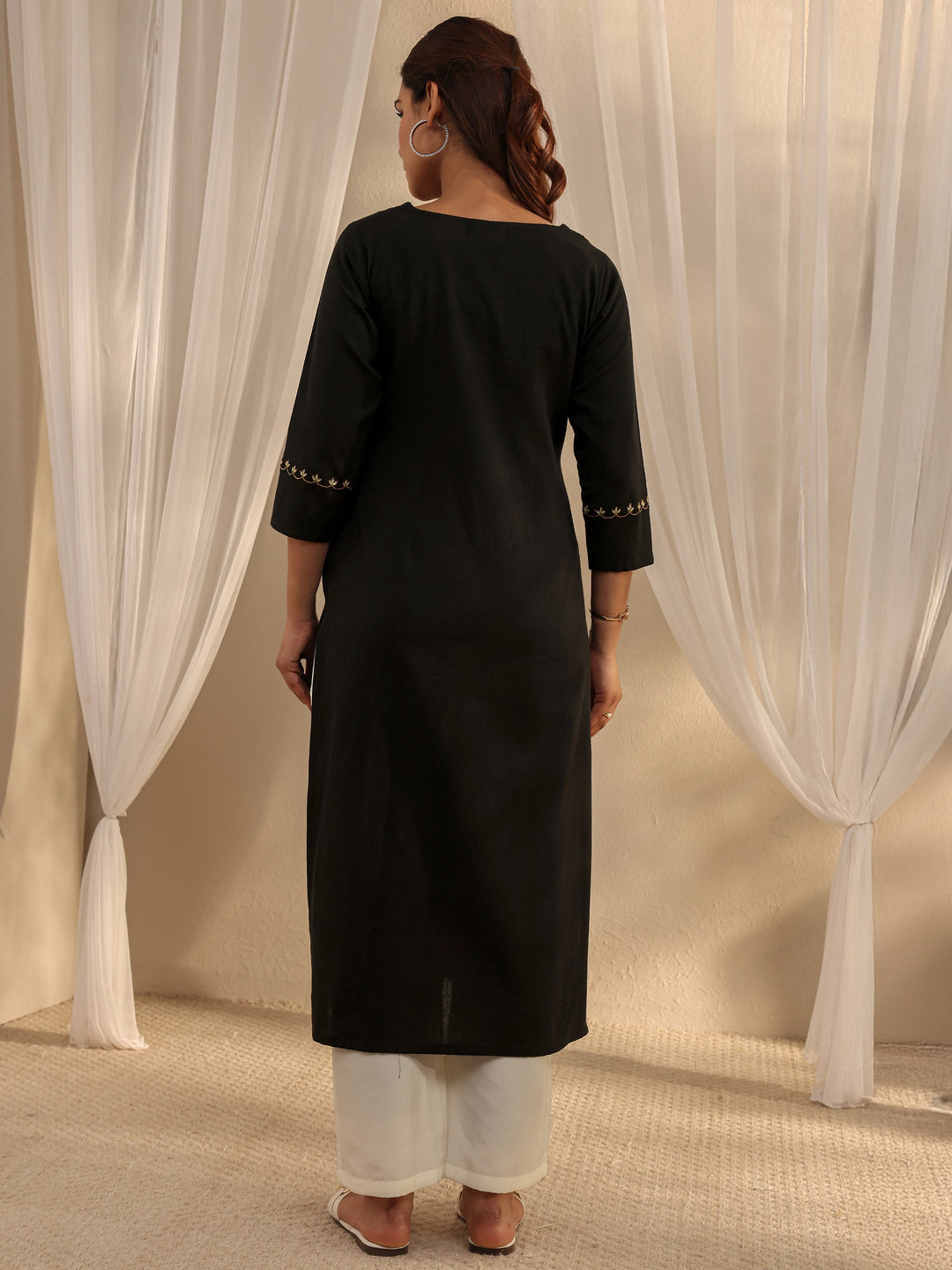  Black Ethnic Motif Embroidered Cotton Straight Kurta 