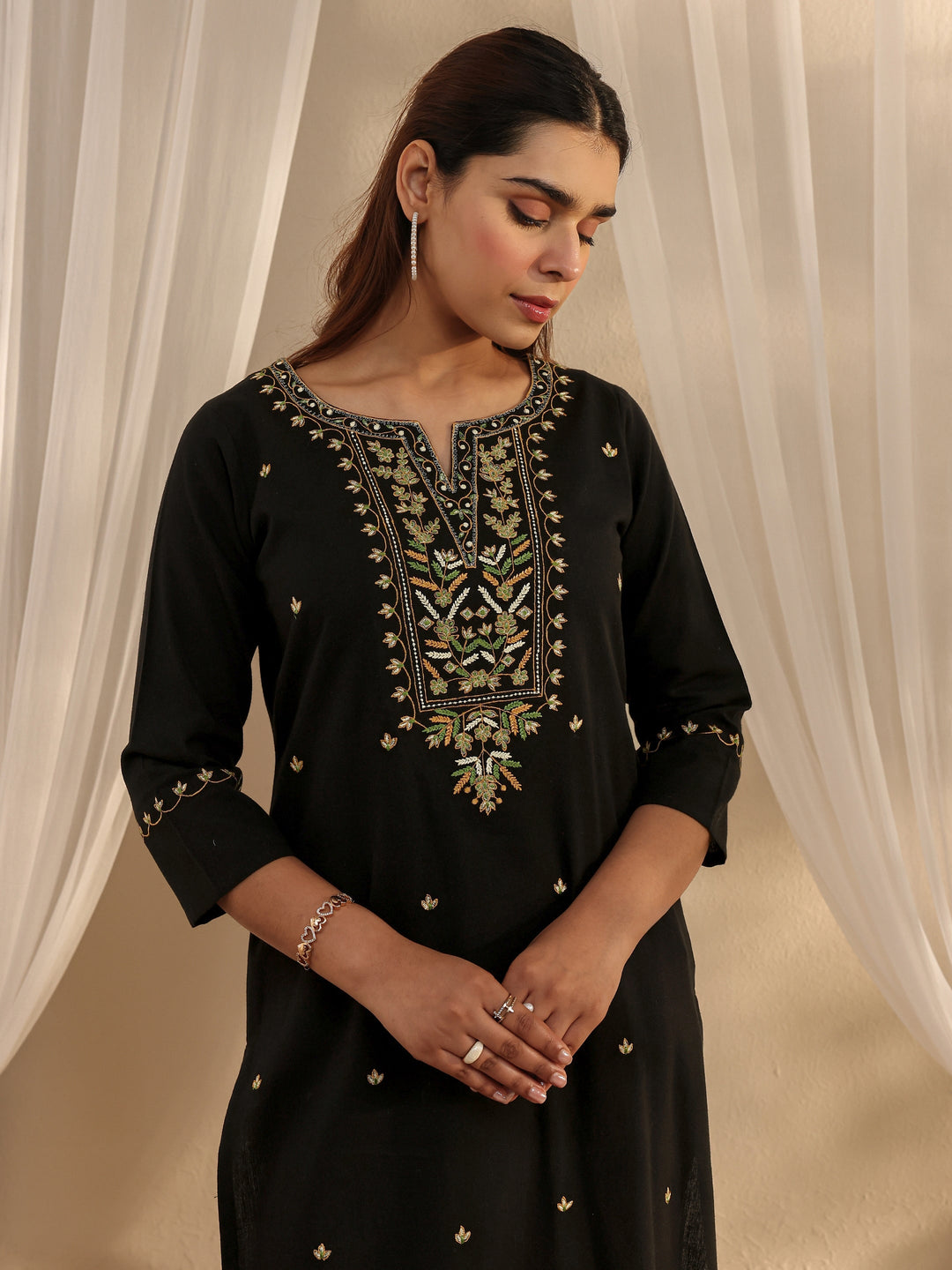  Black Ethnic Motif Embroidered Cotton Straight Kurta 