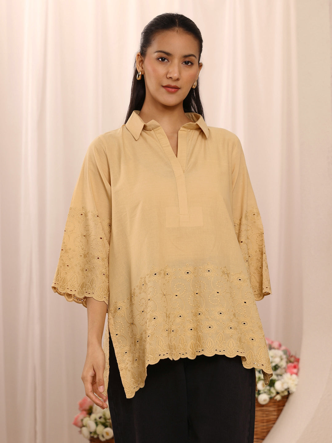 Beige Floral Embroidered Cotton Blend Straight Short Kurti 