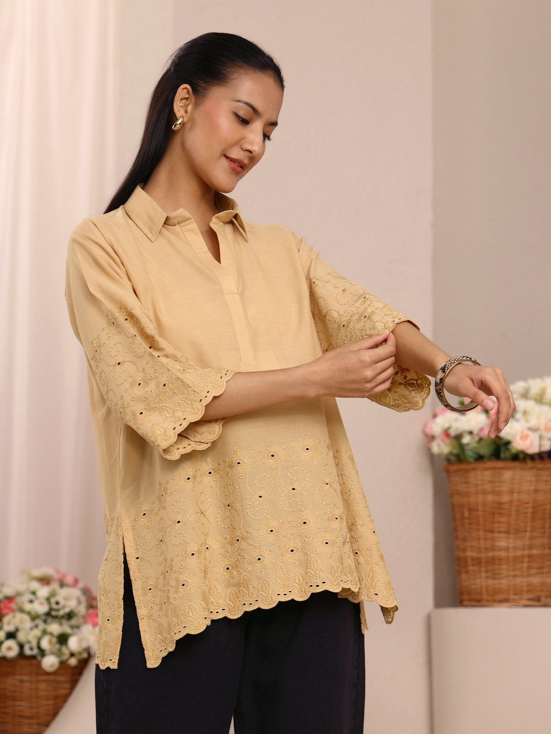  Beige Floral Embroidered Cotton Blend Straight Short Kurti 