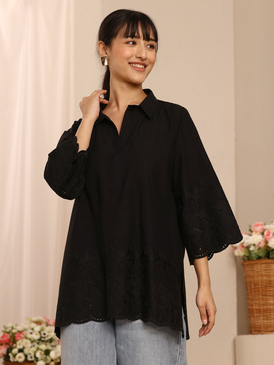  Black Floral Embroidered Cotton Blend Straight Short Kurti 