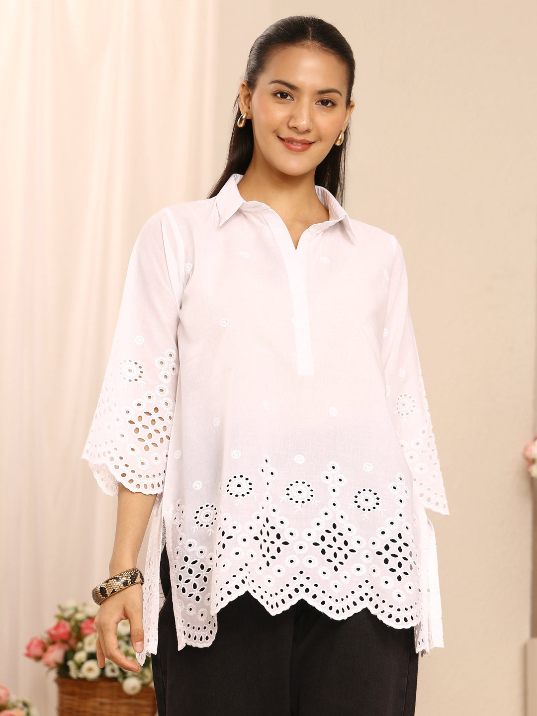  White Ethnic Motifs Embroidered Cotton Blend Straight Short Kurti 