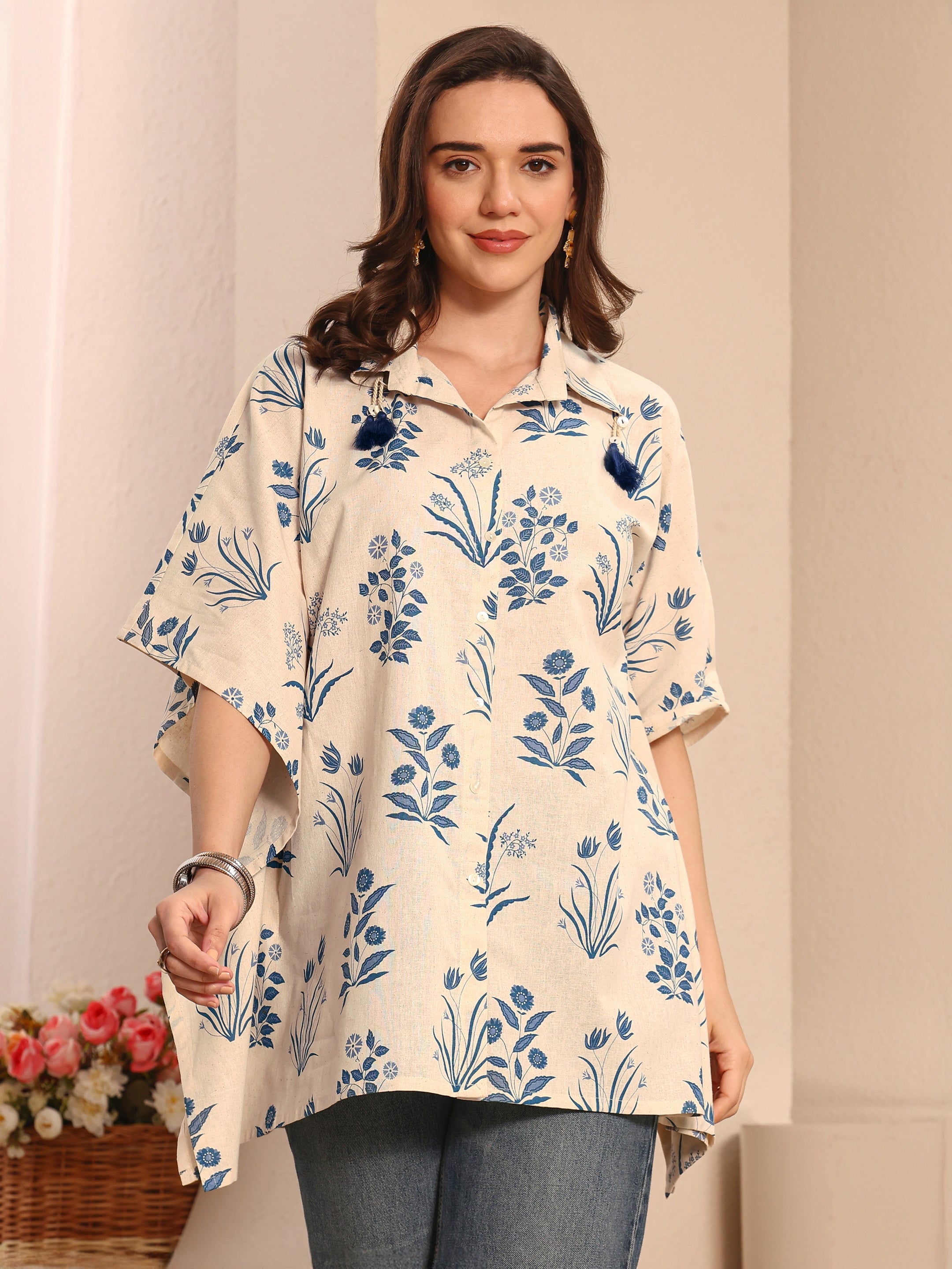 Off White Floral Printed Cotton Shirt-image-18