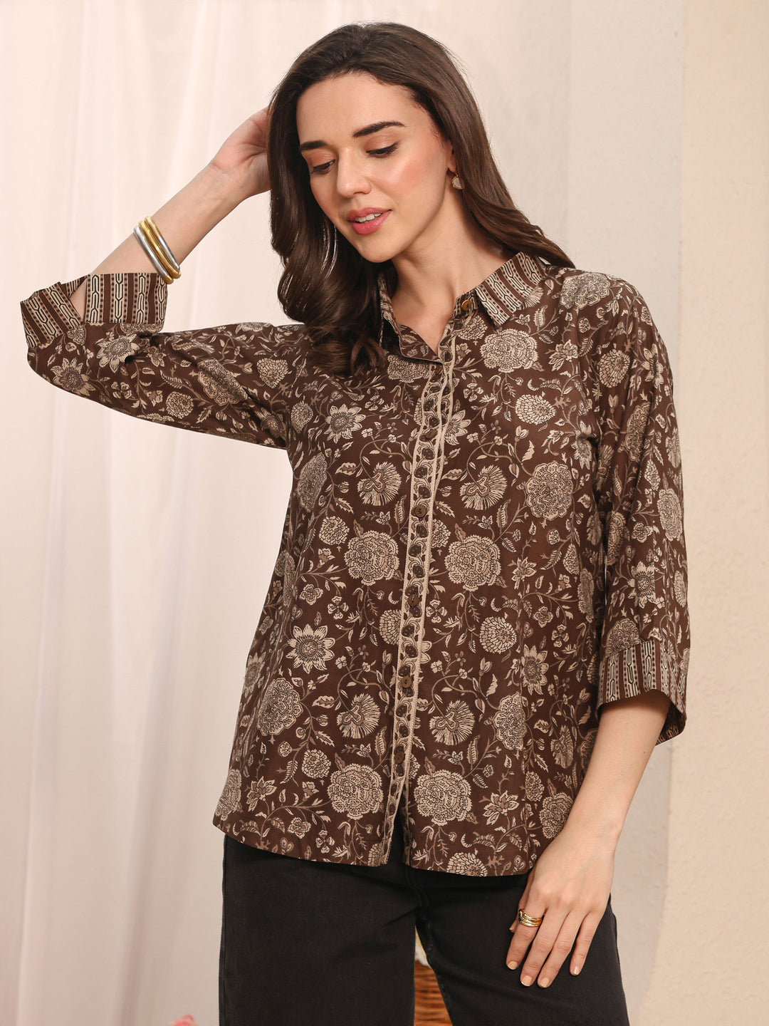  Brown Floral Printed Cotton Shirt 