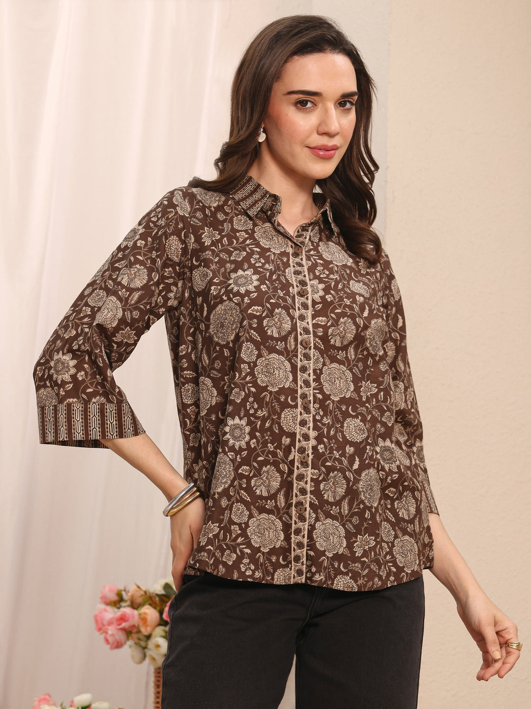  Brown Floral Printed Cotton Shirt 