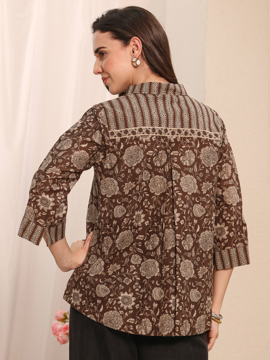  Brown Floral Printed Cotton Shirt 