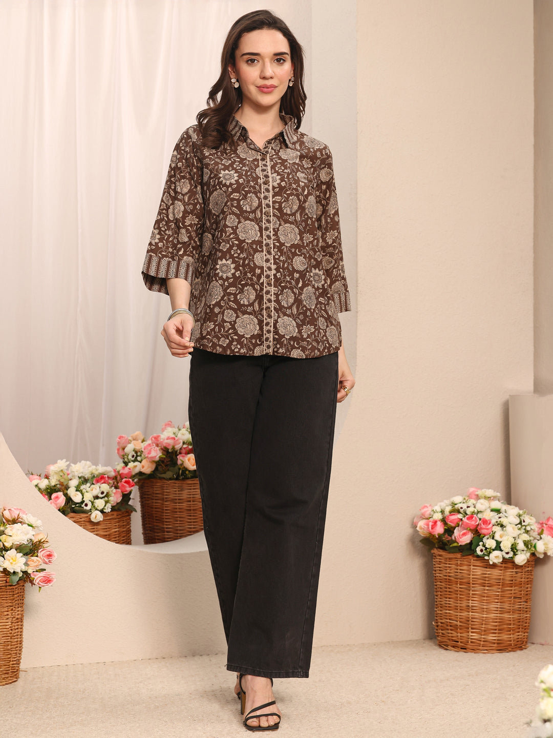  Brown Floral Printed Cotton Shirt 