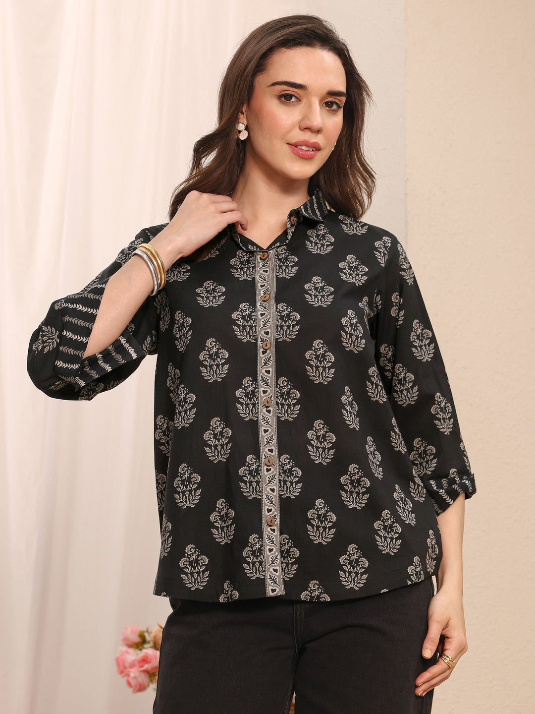  Black Floral Printed Cotton Shirt 