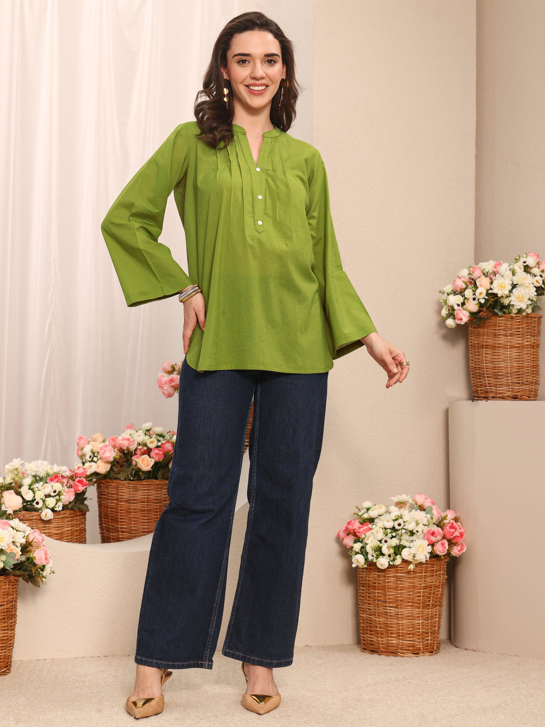  Green Solid Solid Cotton Straight Short Kurti 