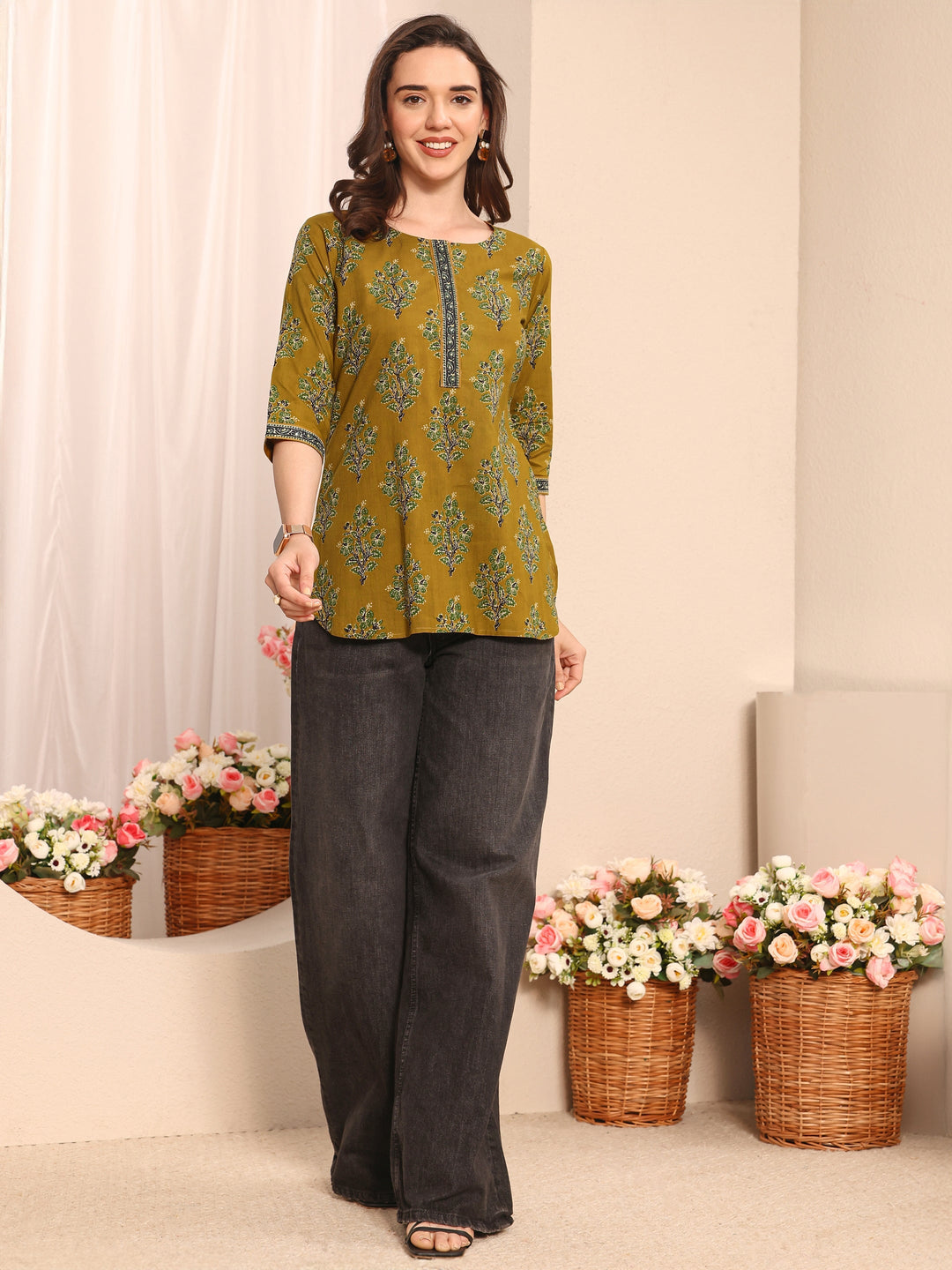  Mustard Floral Printed Cotton Straight Short Kurti 