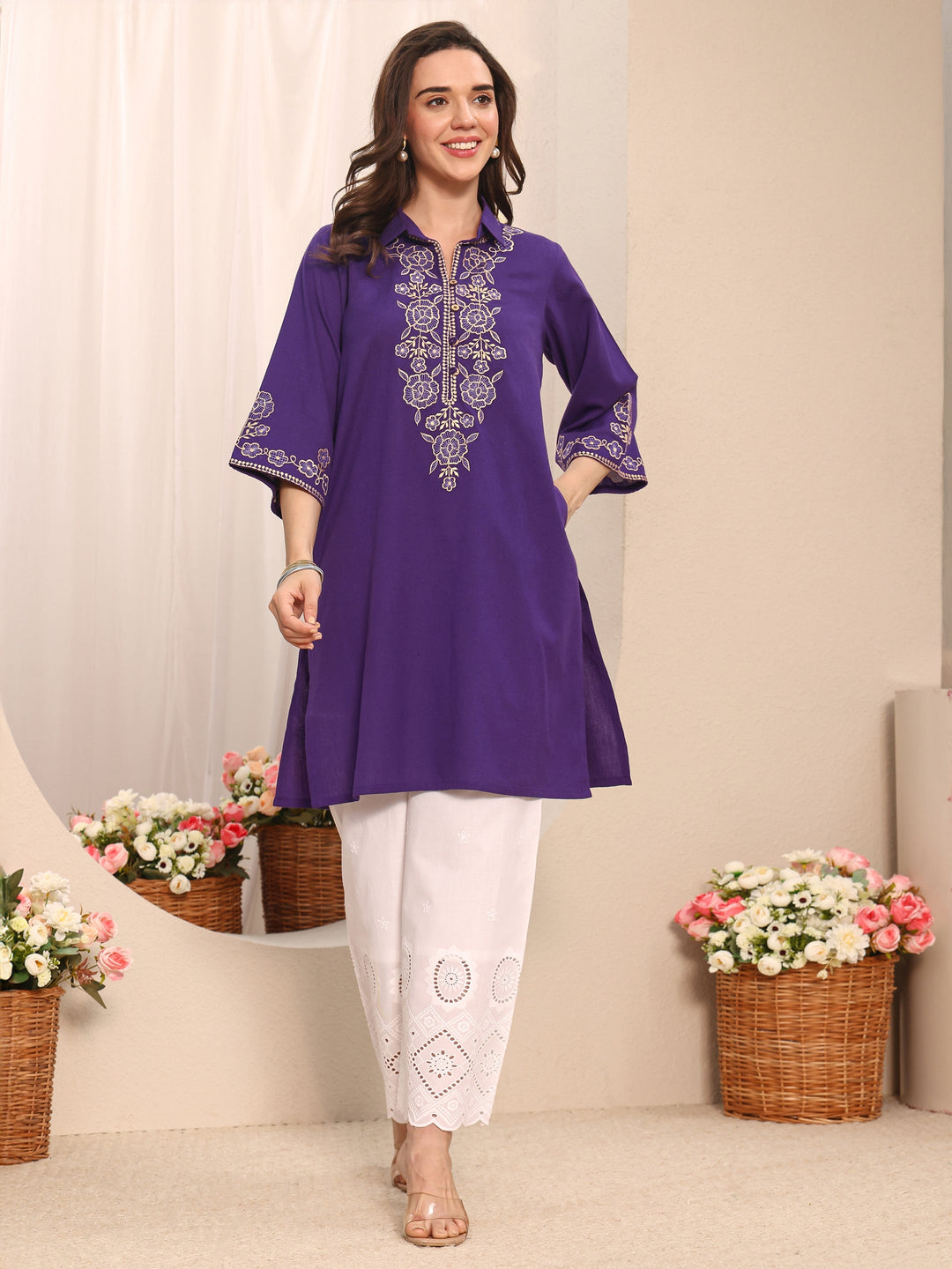  Purple Floral Embroidered Cotton Straight Short Kurti 