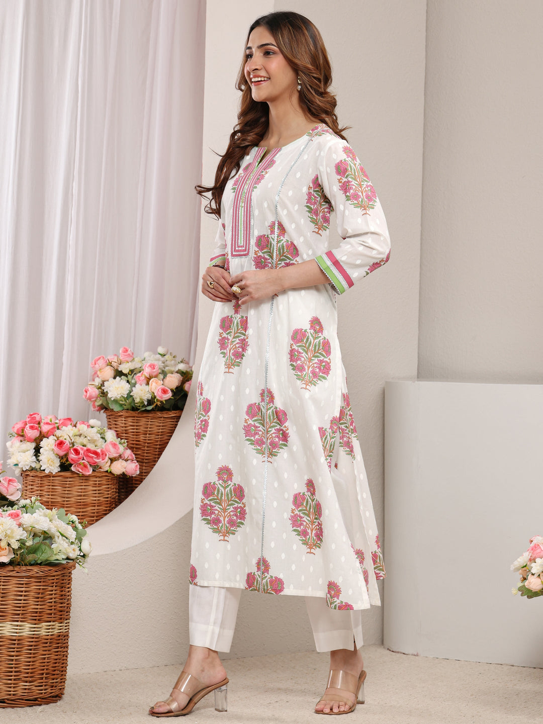  White Floral Printed Cotton A-Line Kurta 