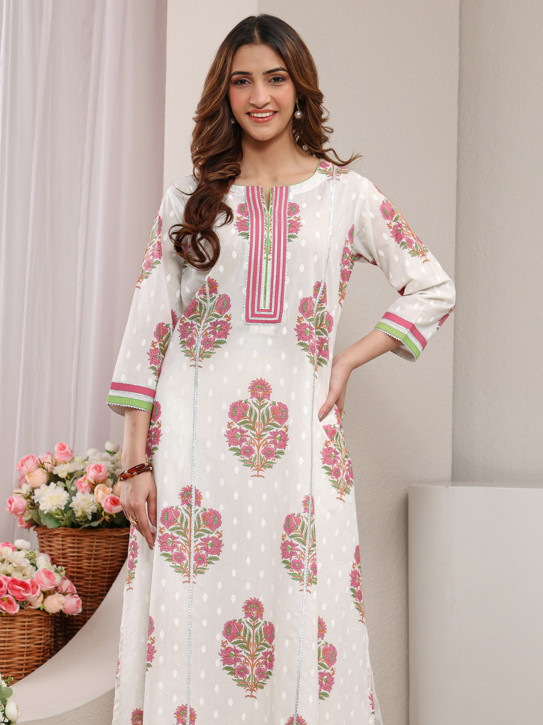  White Floral Printed Cotton A-Line Kurta 