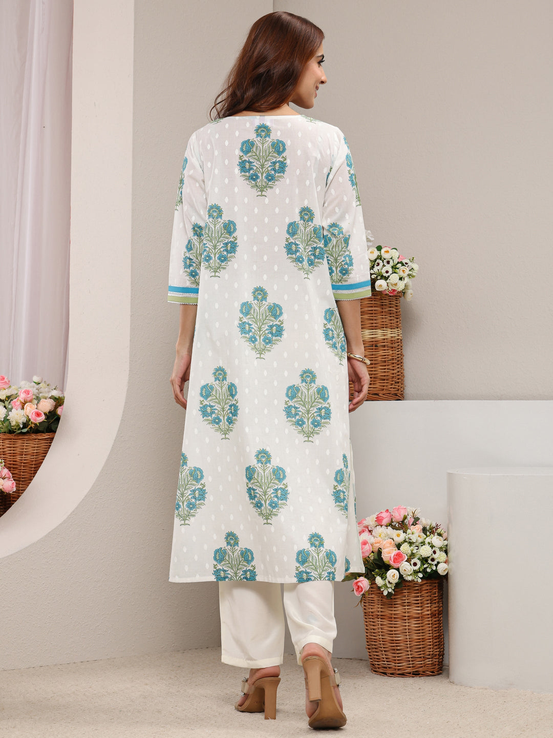  White Floral Printed Cotton A-Line Kurta 