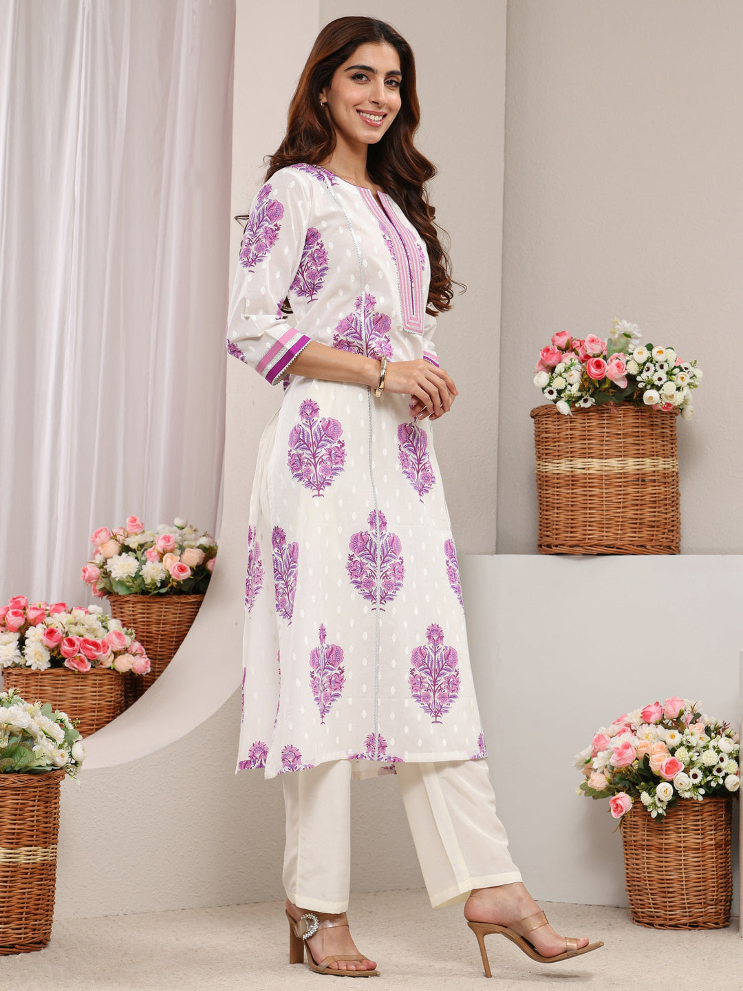  White Floral Printed Cotton A-Line Kurta 