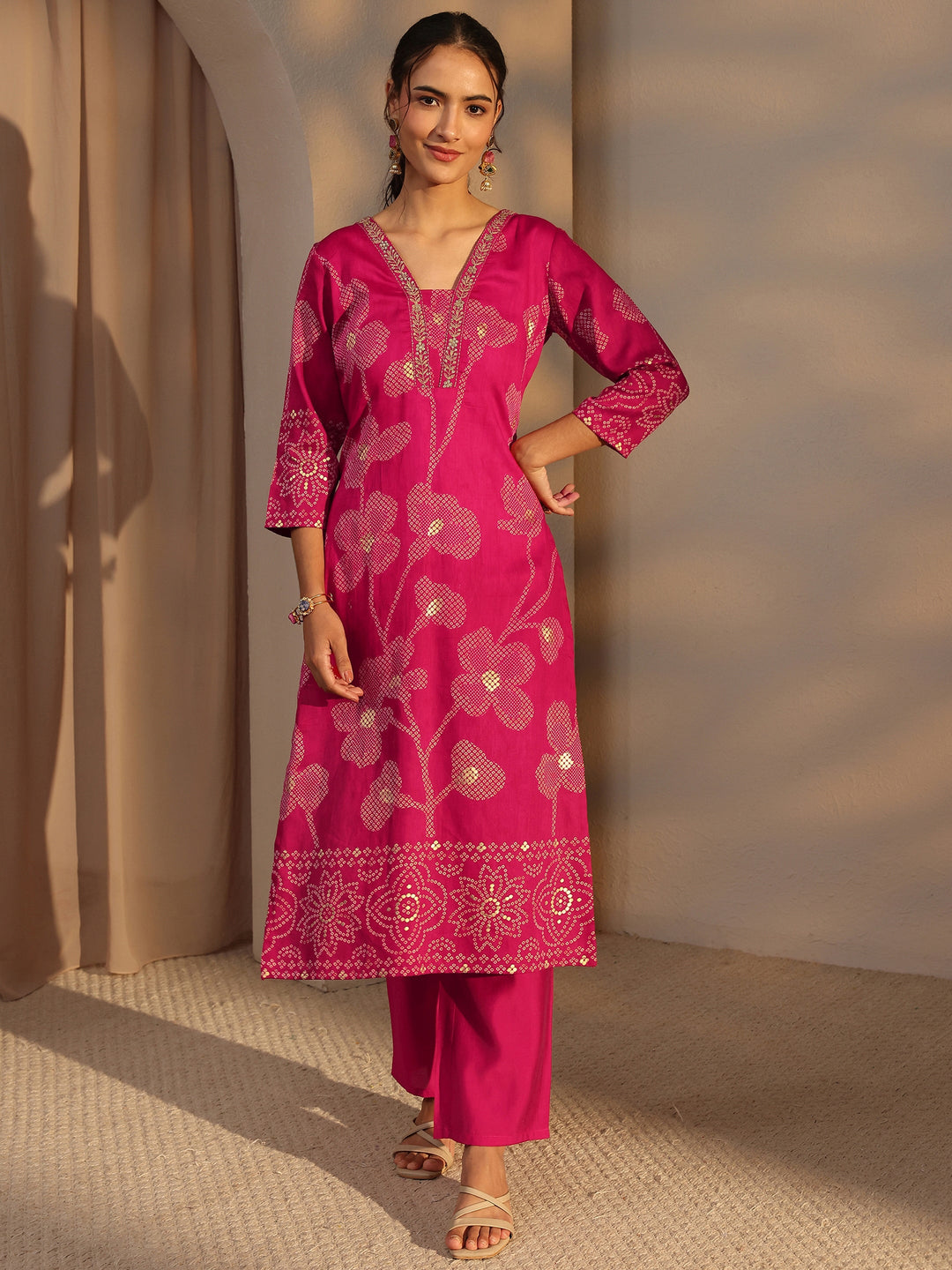  Pink Bandhani Printed Cotton Straight Kurta 