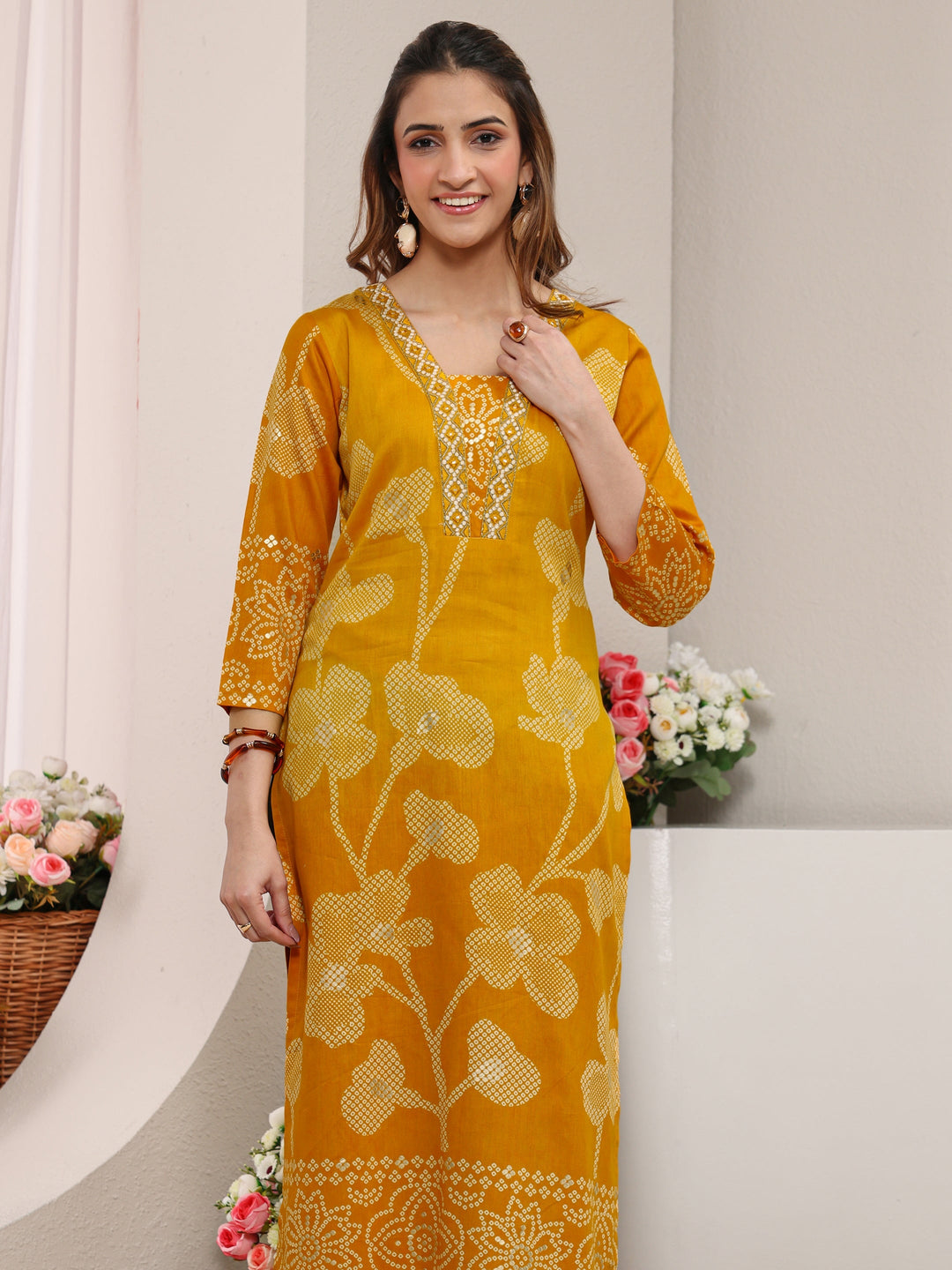  Mustard Floral Printed Cotton Straight Kurta 