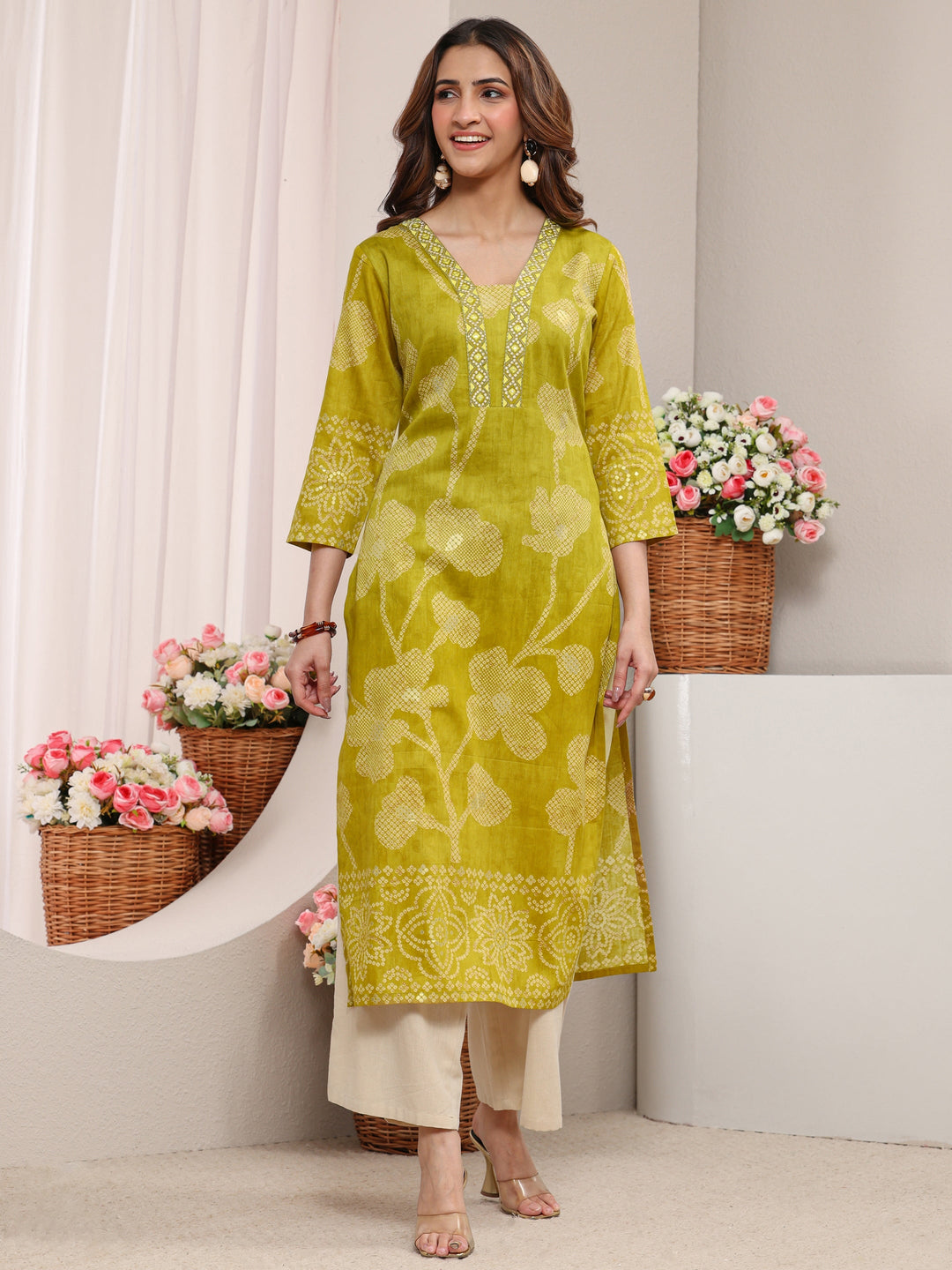  Green Floral Printed Cotton Straight Kurta 