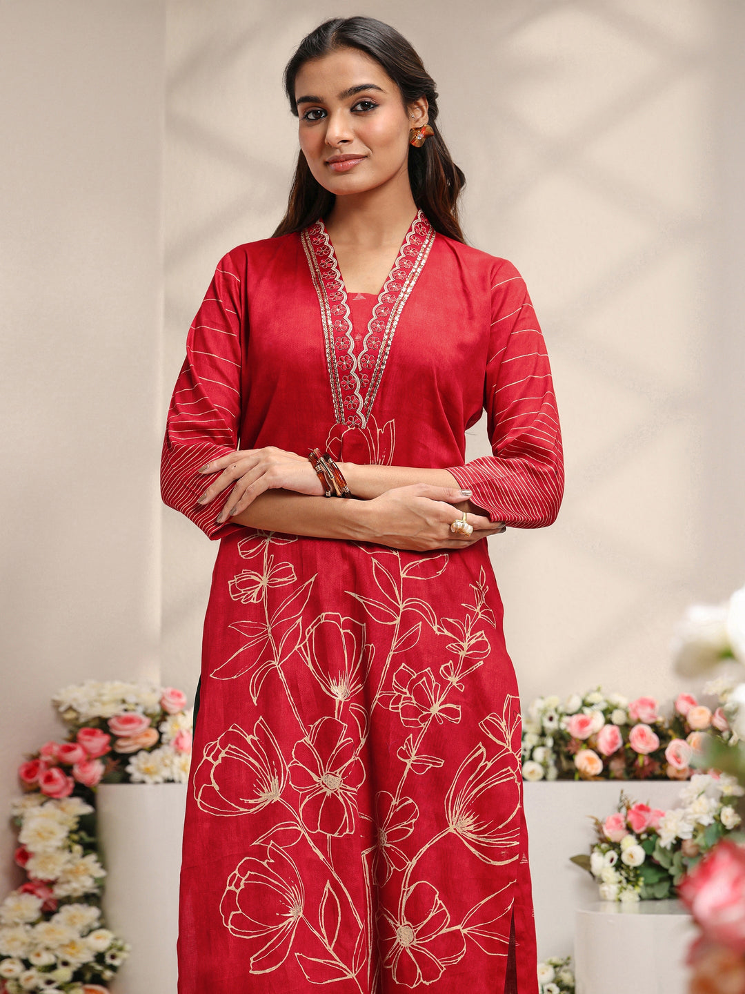  Red Floral Printed Cotton Straight Kurta 