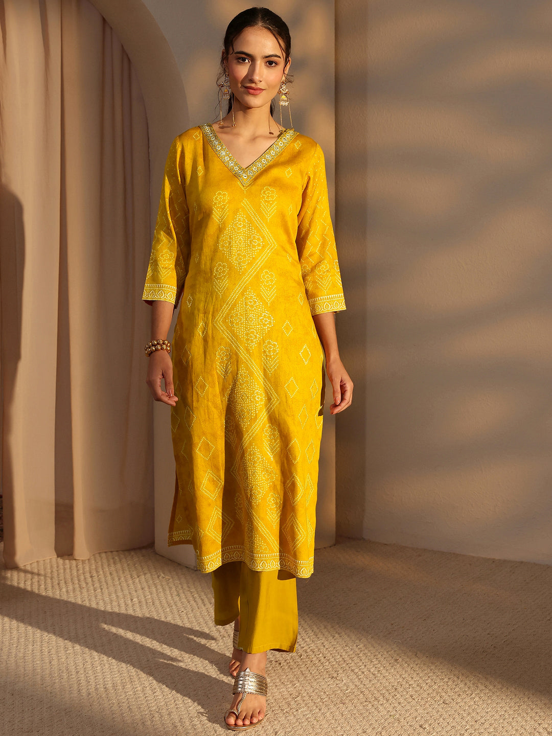  Mustard Bandhani Printed Cotton Straight Kurta 