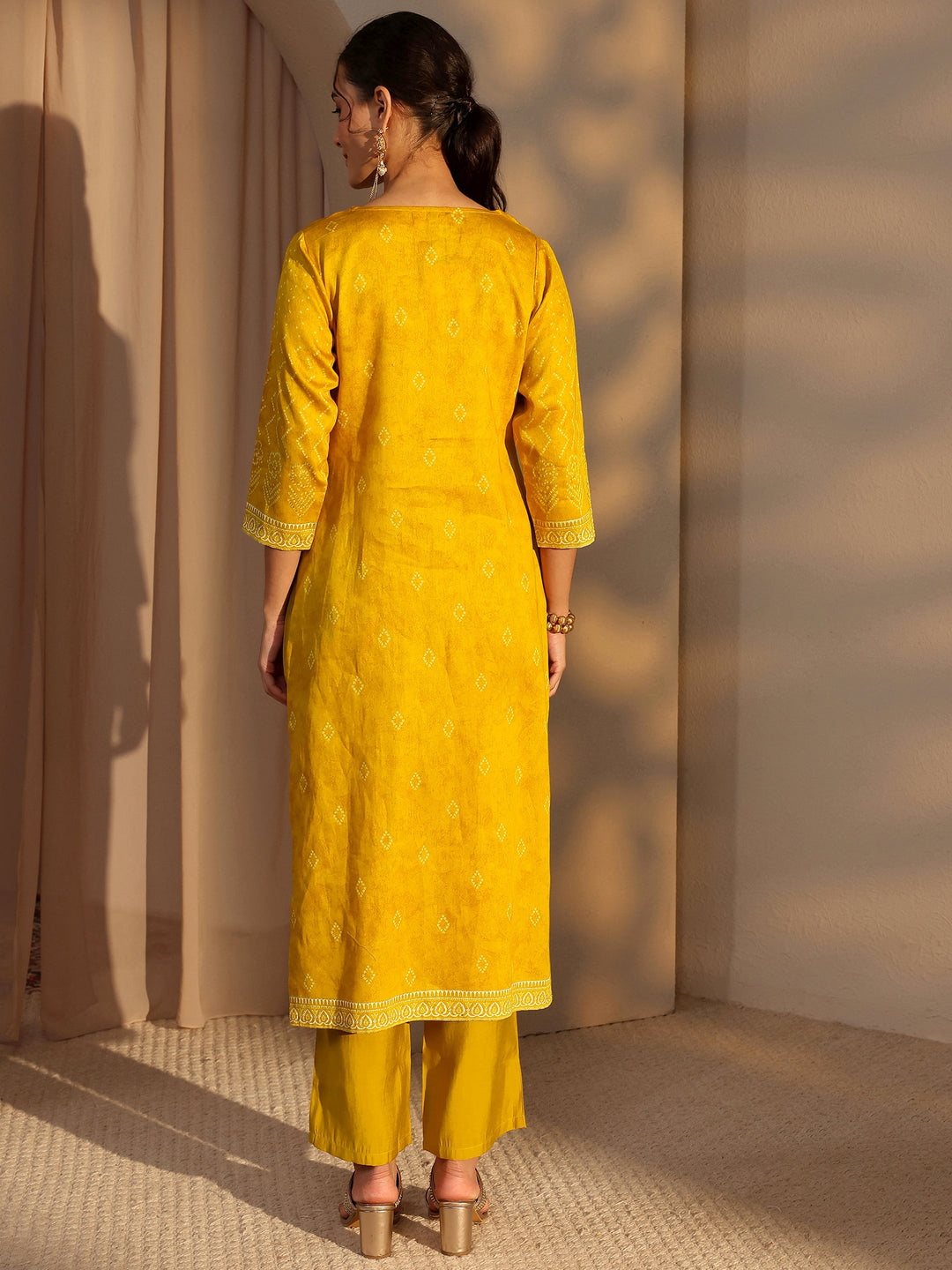  Mustard Bandhani Printed Cotton Straight Kurta 