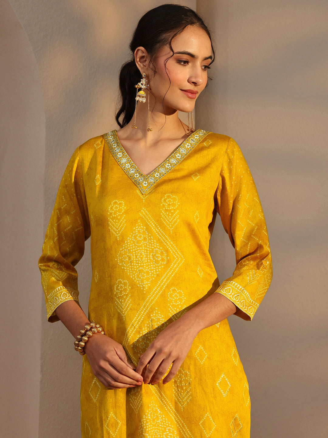  Mustard Bandhani Printed Cotton Straight Kurta 