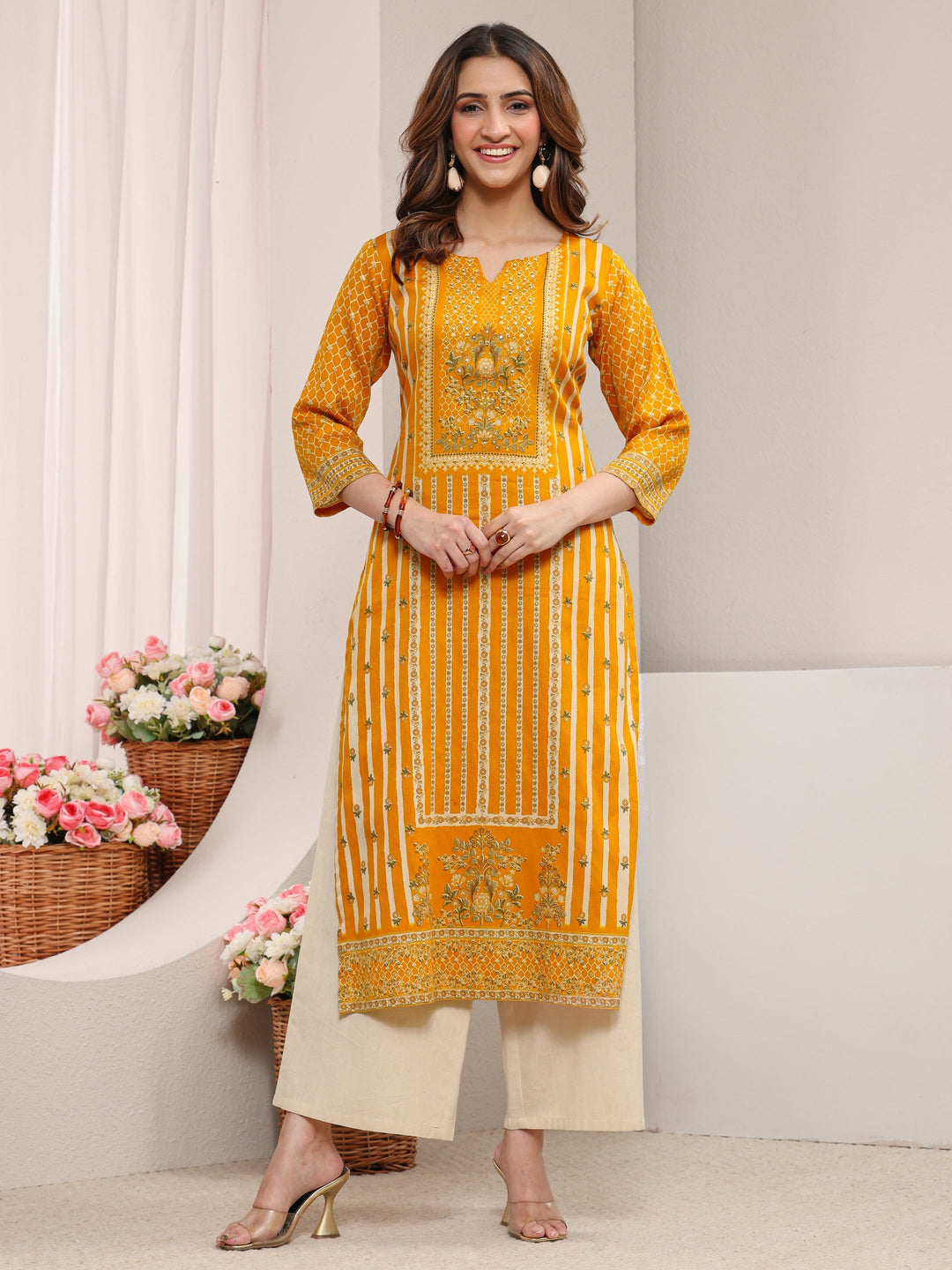  Mustard Ethnic Printed Cotton Straight Kurta 