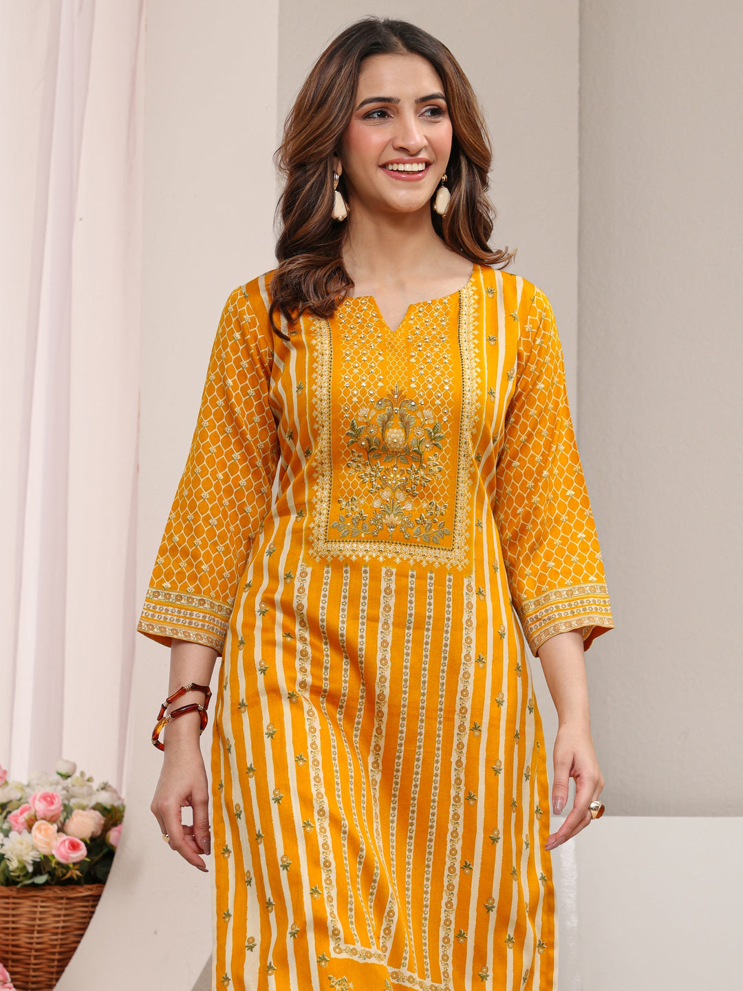  Mustard Ethnic Printed Cotton Straight Kurta 