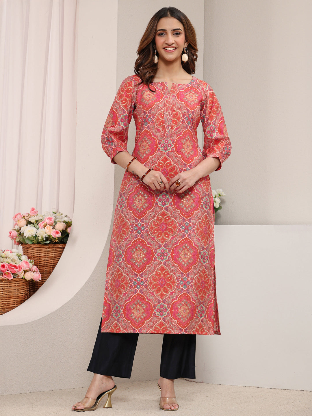  Peach Ethnic Printed Silk Blend Straight Kurta 
