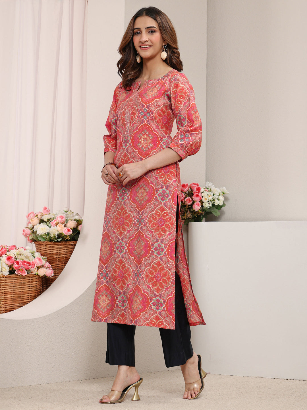  Peach Ethnic Printed Silk Blend Straight Kurta 