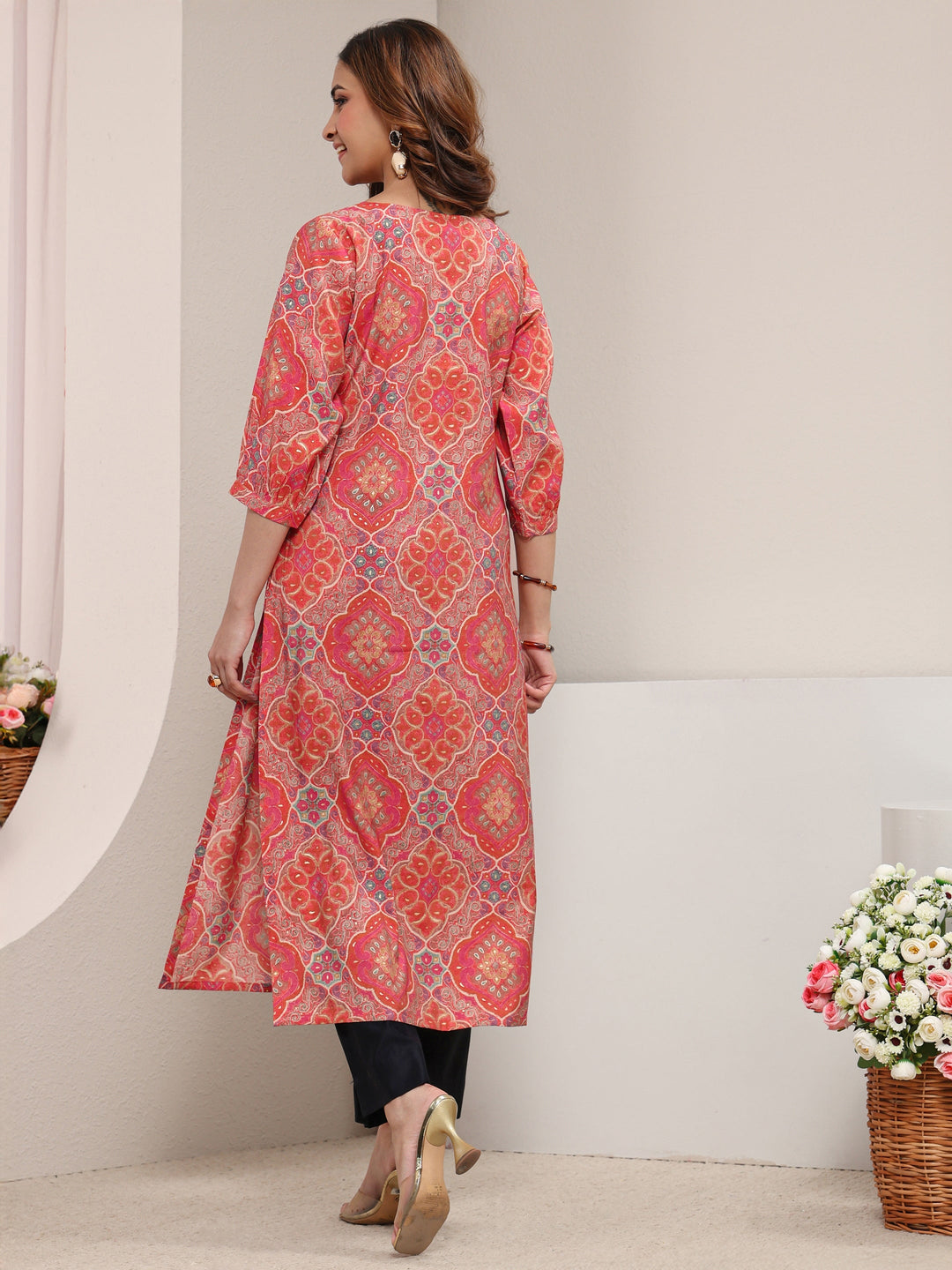  Peach Ethnic Printed Silk Blend Straight Kurta 