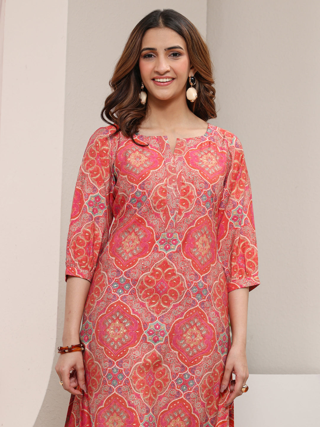  Peach Ethnic Printed Silk Blend Straight Kurta 