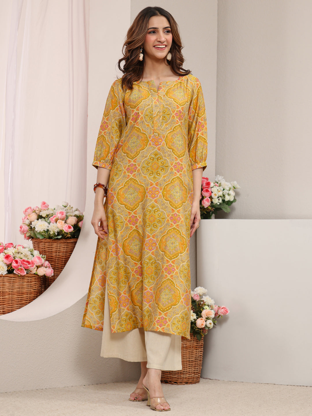  Yellow Ethnic Printed Silk Blend Straight Kurta 