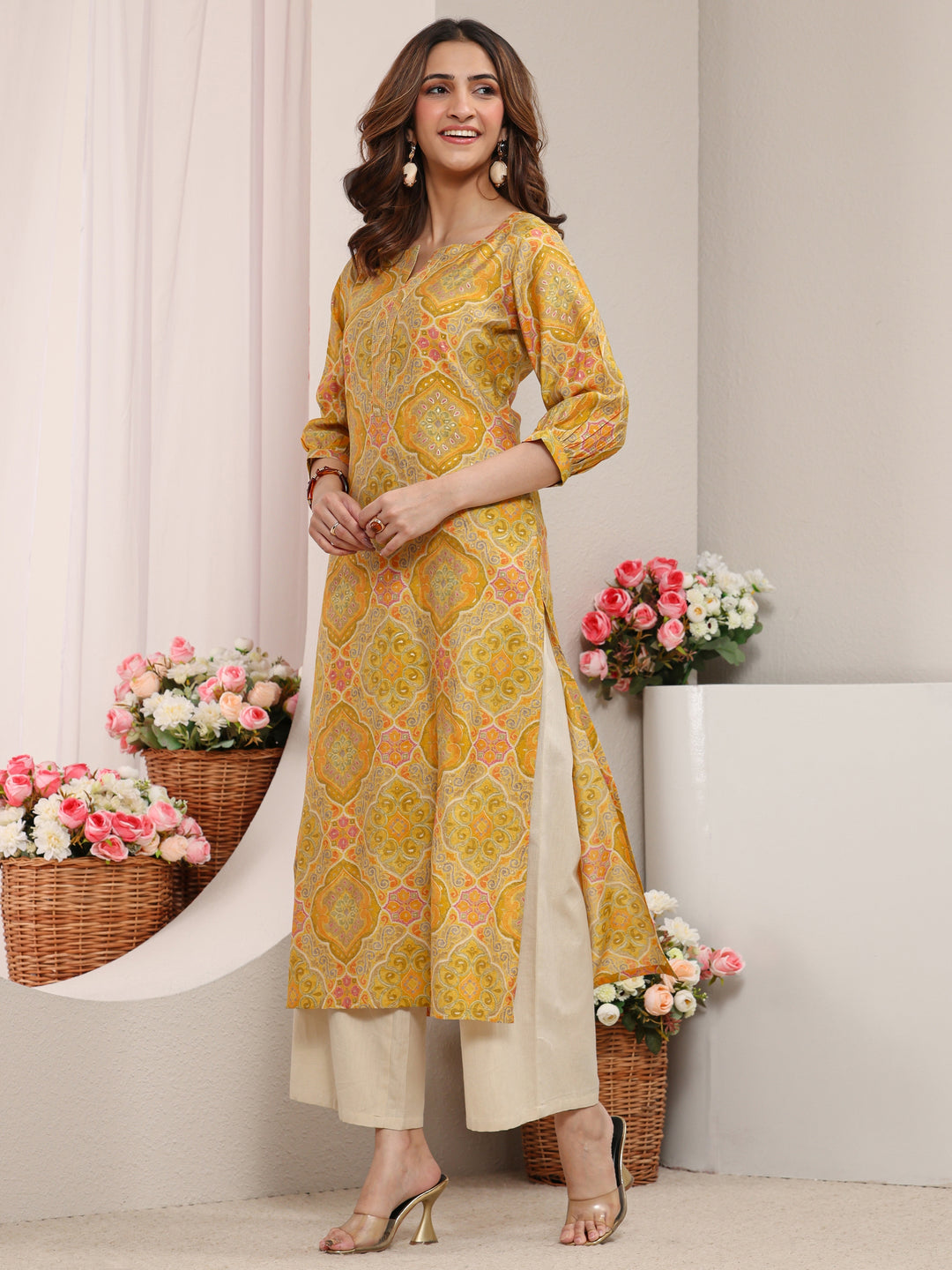  Yellow Ethnic Printed Silk Blend Straight Kurta 