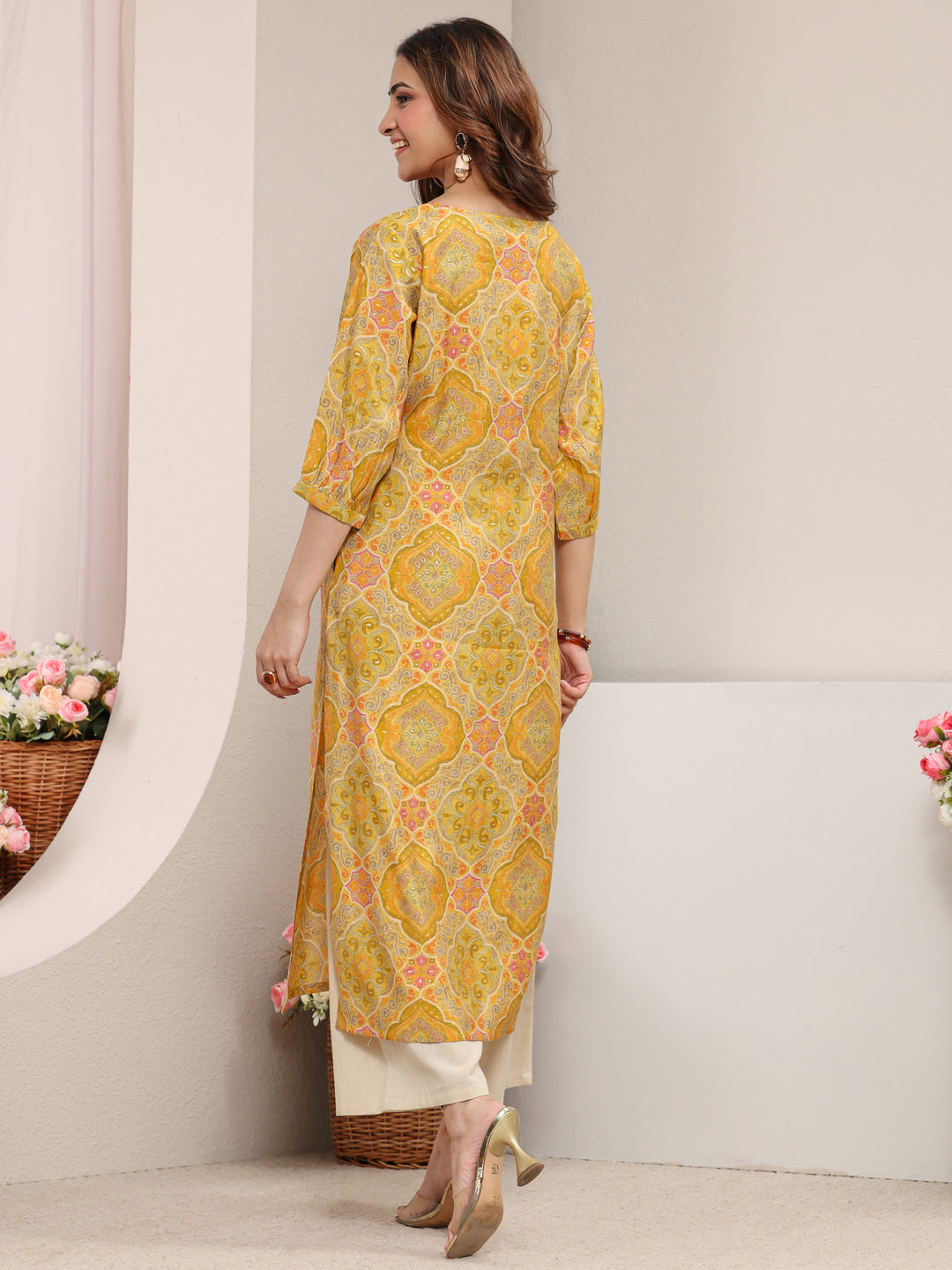  Yellow Ethnic Printed Silk Blend Straight Kurta 