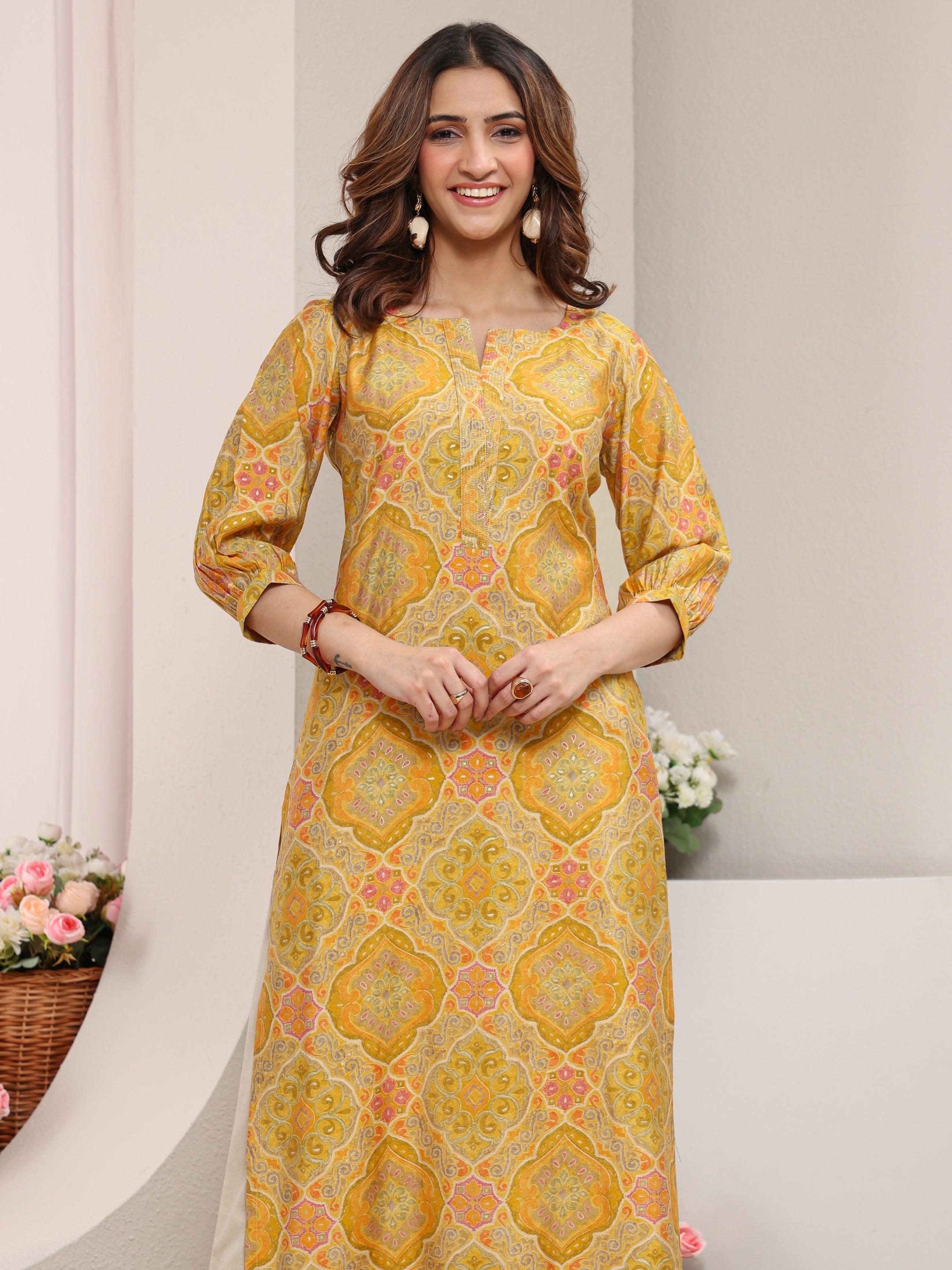 libas Yellow Ethnic Printed Silk Blend Straight Kurta-picture-22