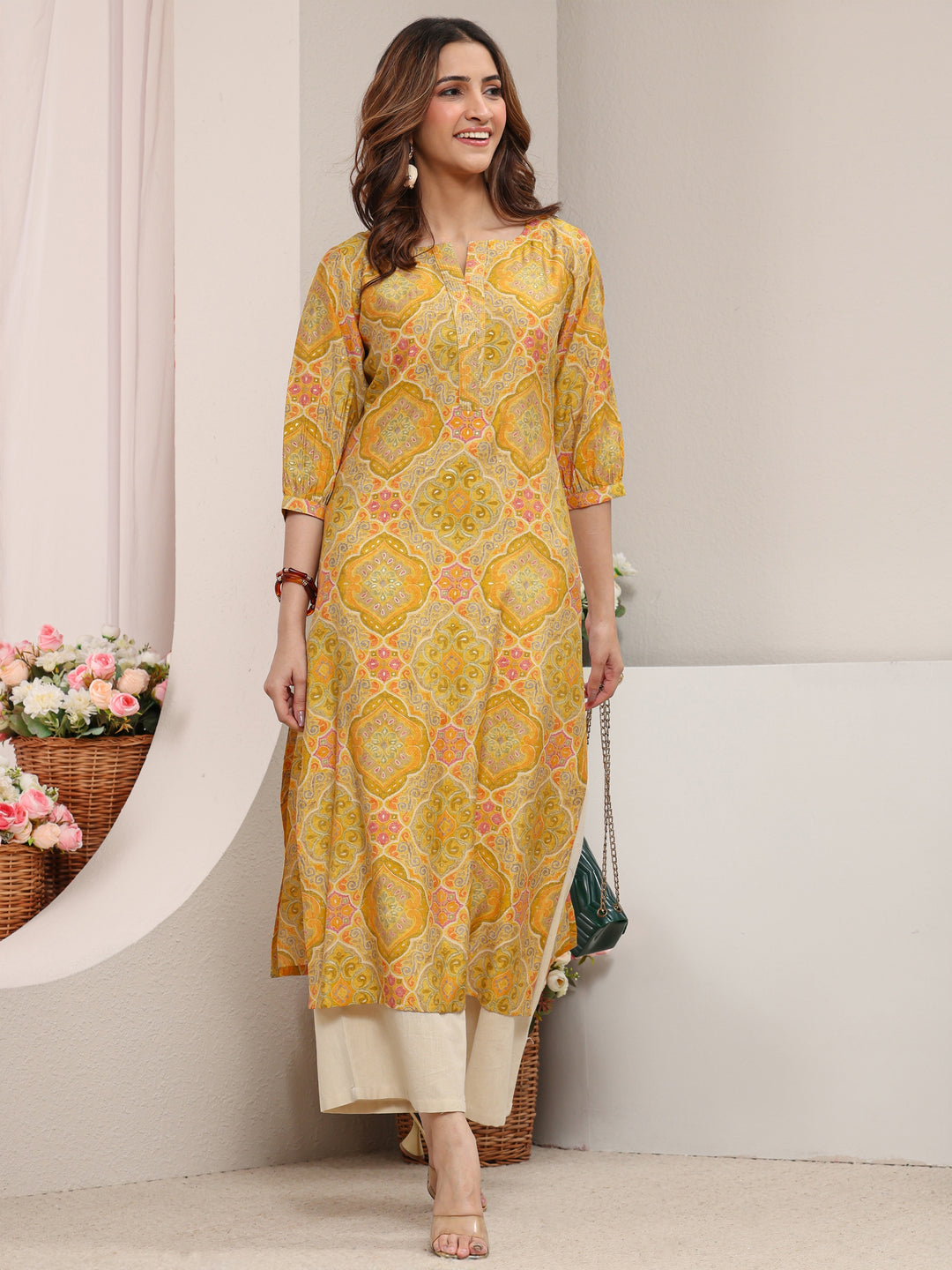  Yellow Ethnic Printed Silk Blend Straight Kurta 