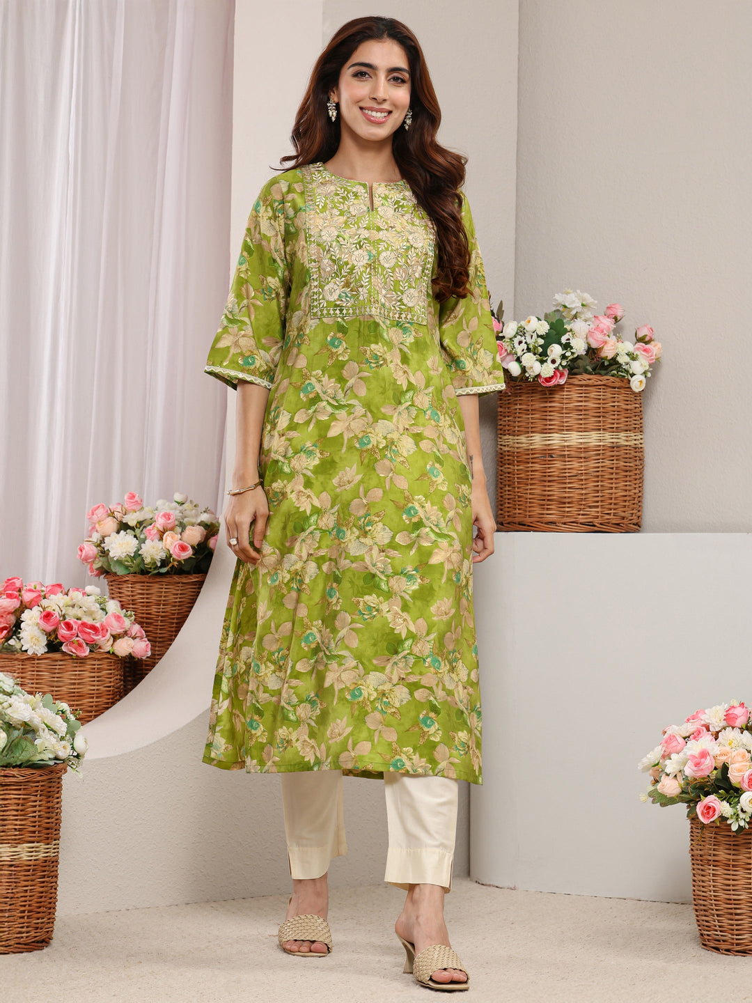  Green Yoke Design Floral Printed Silk Blend Straight Kurta 