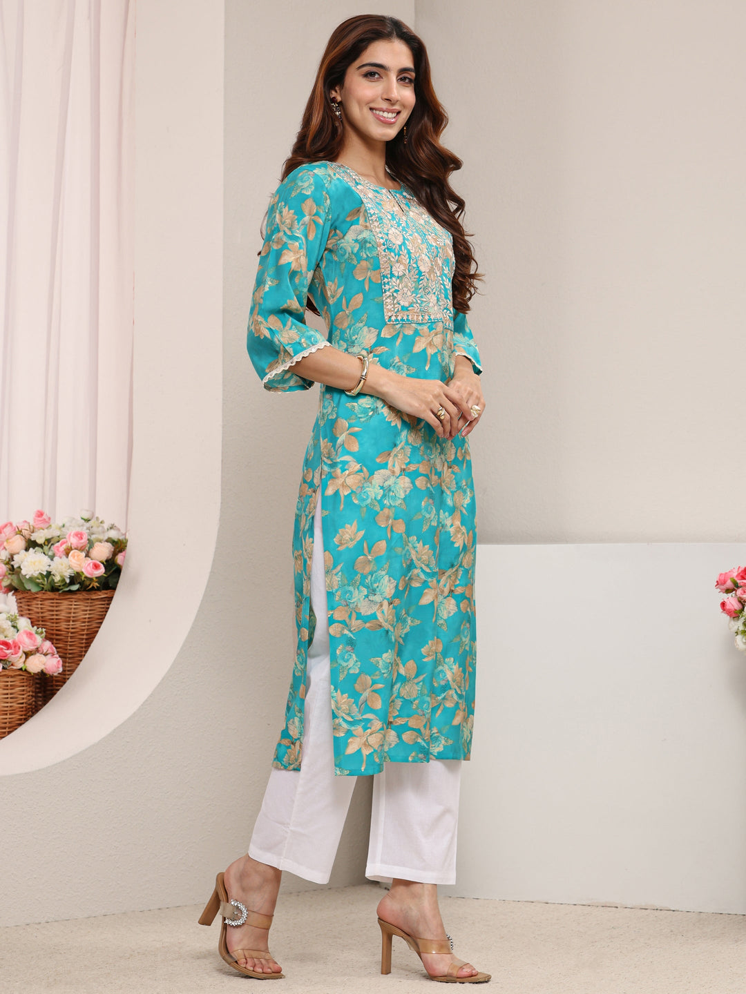  Blue Yoke Design Floral Printed Silk Blend Straight Kurta 