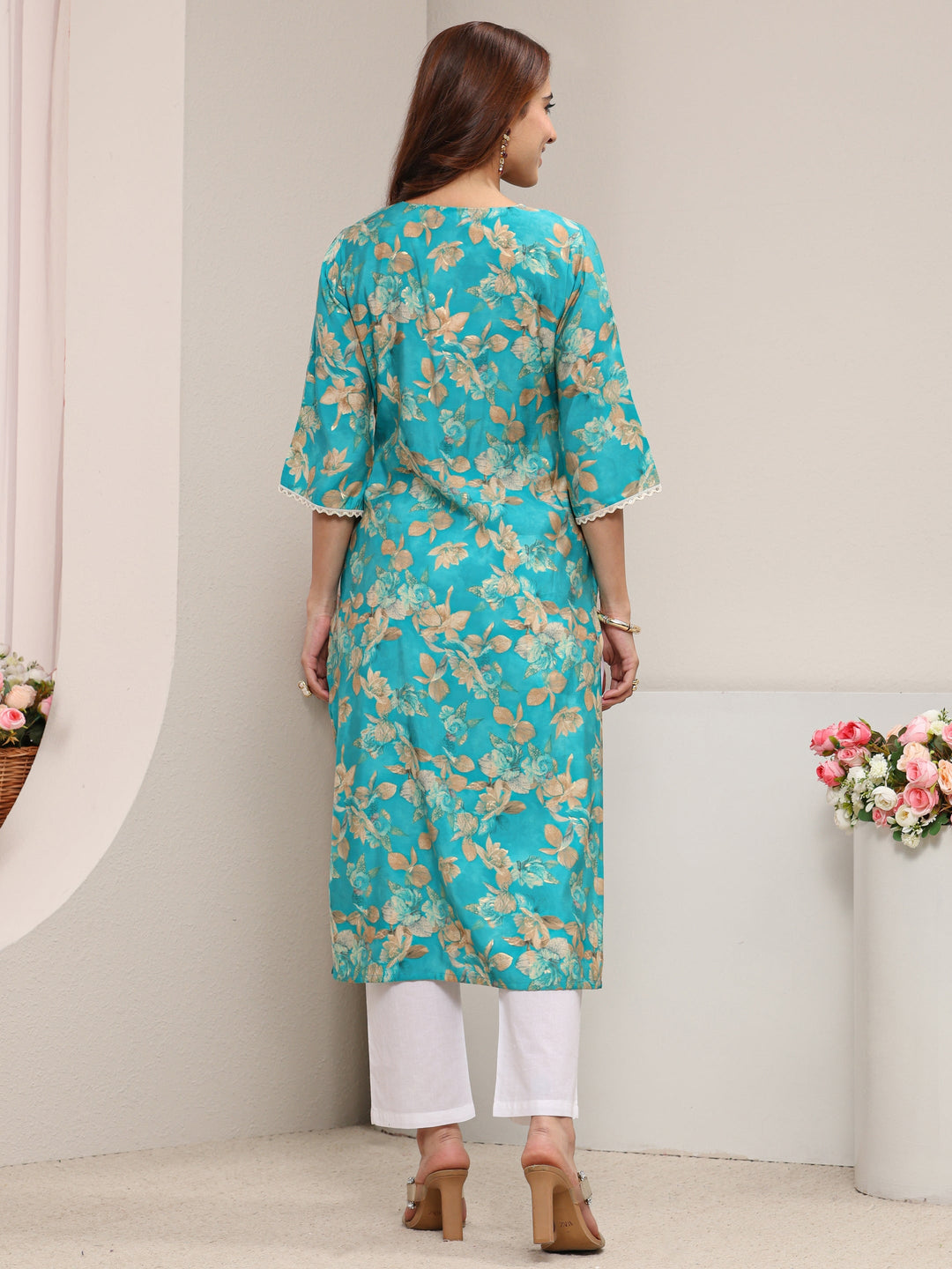  Blue Yoke Design Floral Printed Silk Blend Straight Kurta 