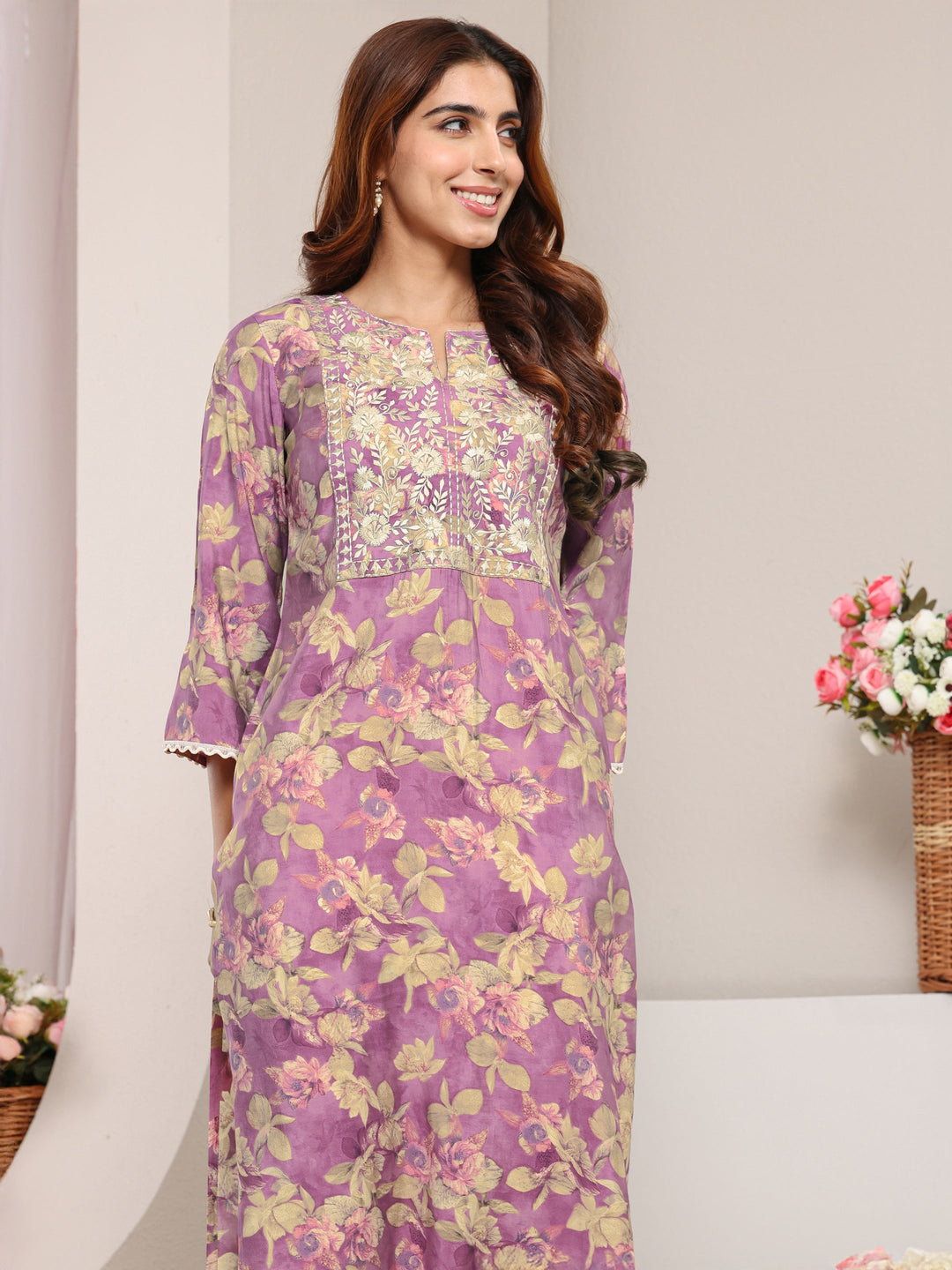  Lavender Yoke Design Floral Printed Silk Blend Straight Kurta 