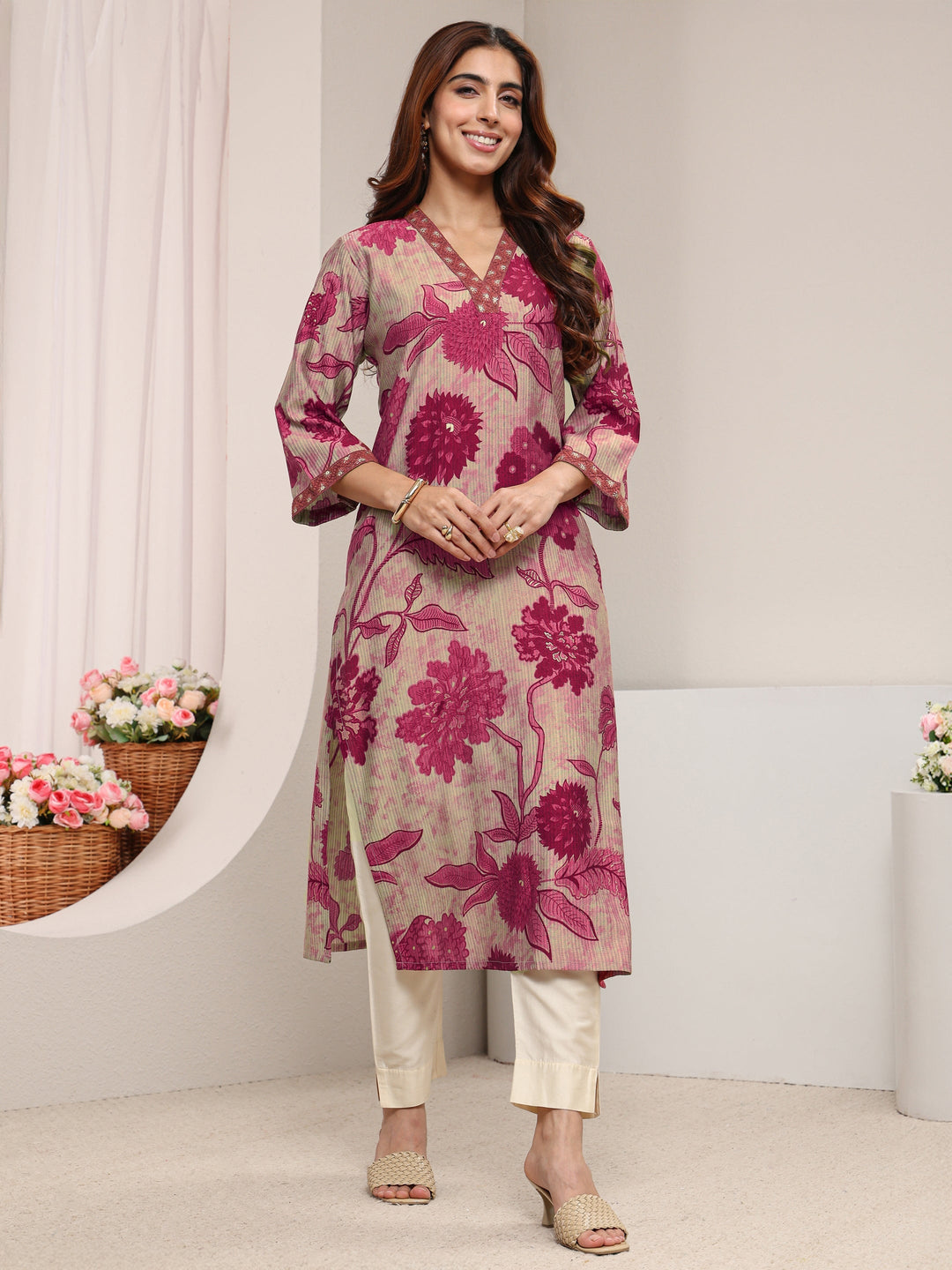  Maroon Floral Printed Silk Blend Straight Kurta 