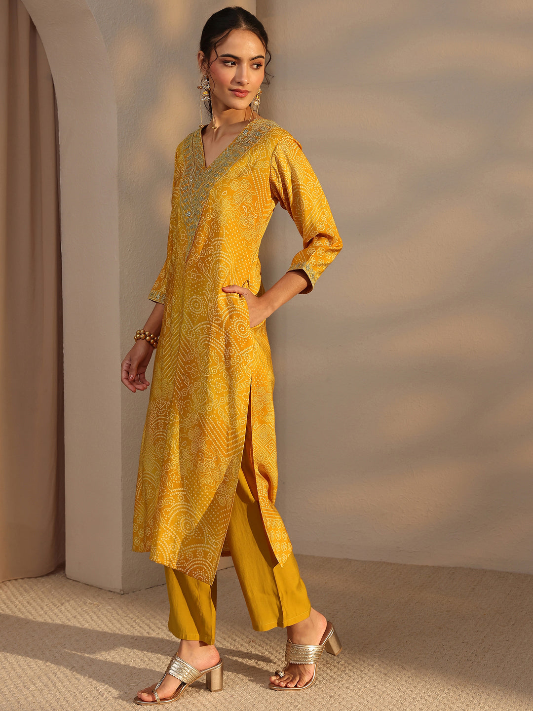  Mustard Bandhani Printed Silk Blend Straight Kurta 