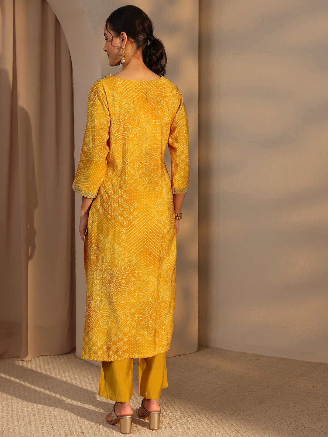  Mustard Bandhani Printed Silk Blend Straight Kurta 