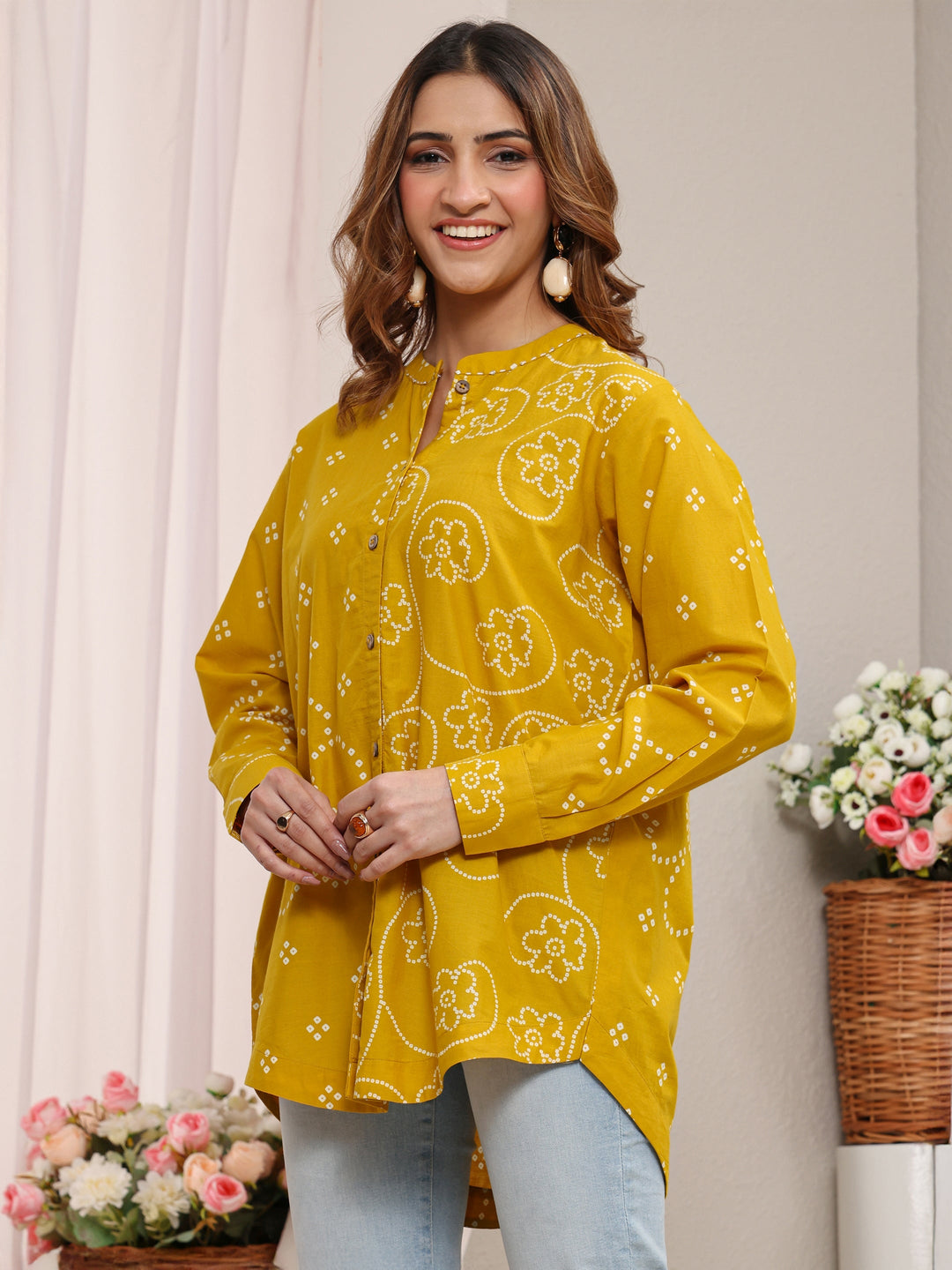  Mustard Bandhani Printed Cotton Shirt 