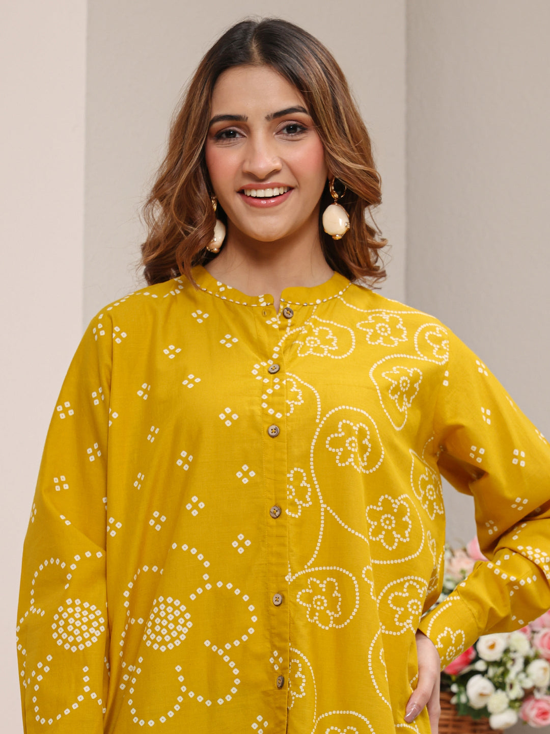  Mustard Bandhani Printed Cotton Shirt 
