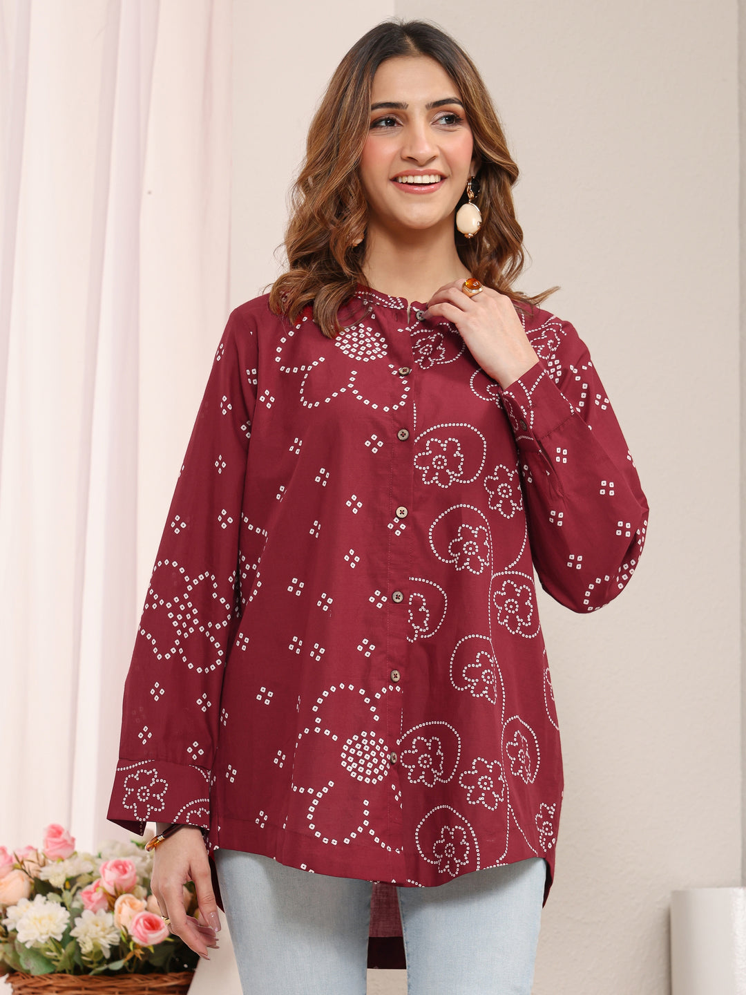 Red Floral Printed Cotton Shirt 
