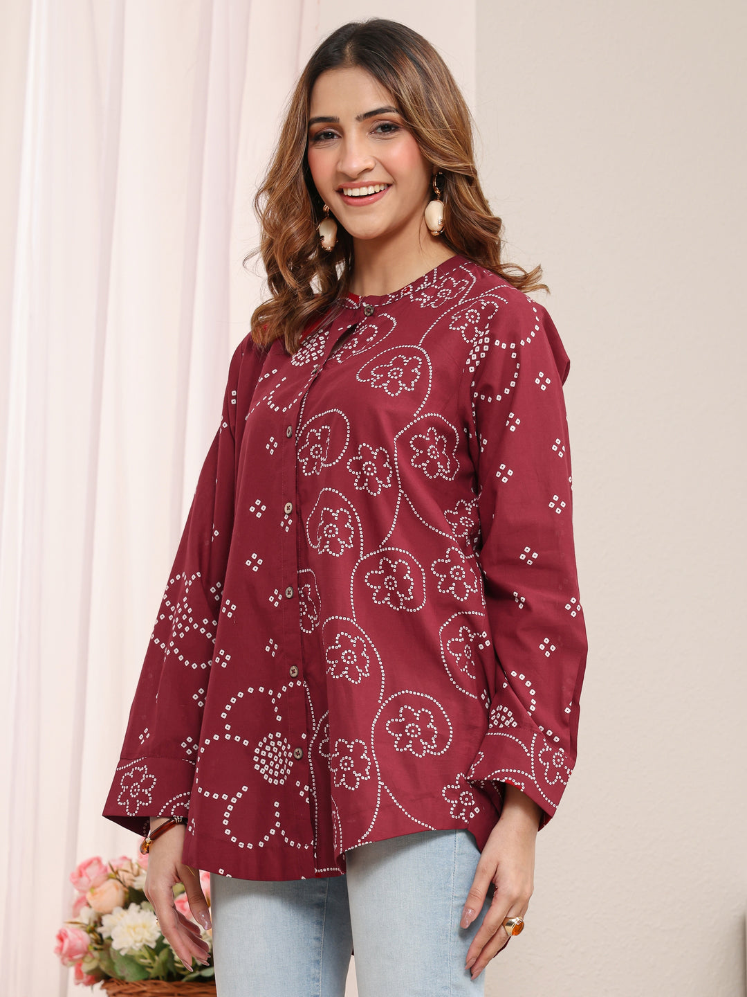  Red Floral Printed Cotton Shirt 
