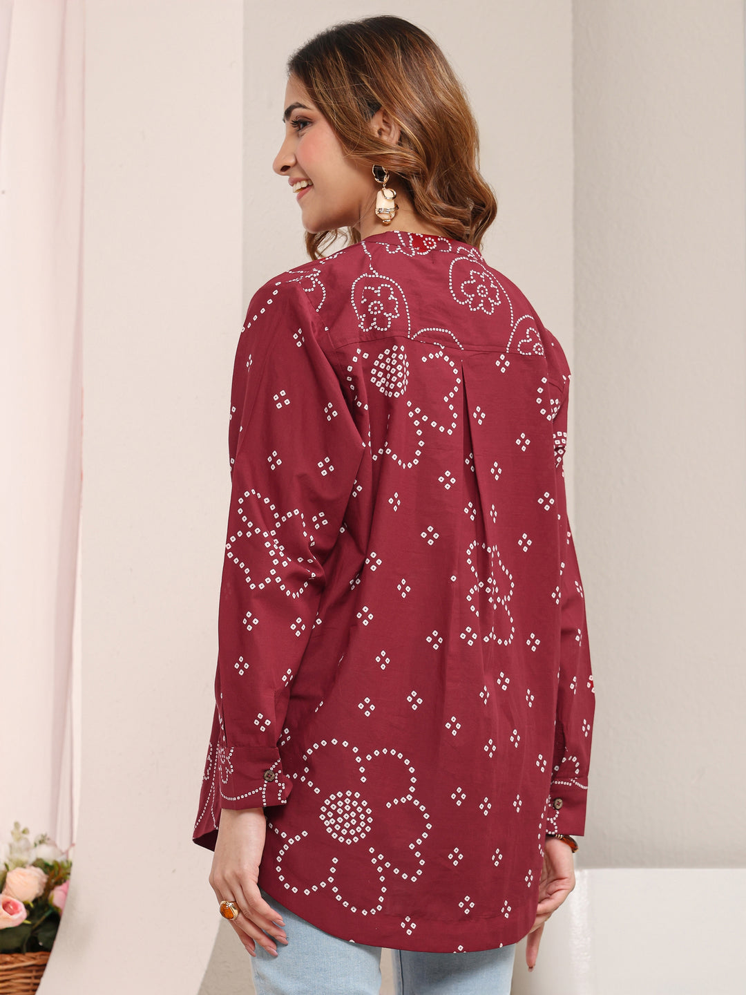  Red Floral Printed Cotton Shirt 